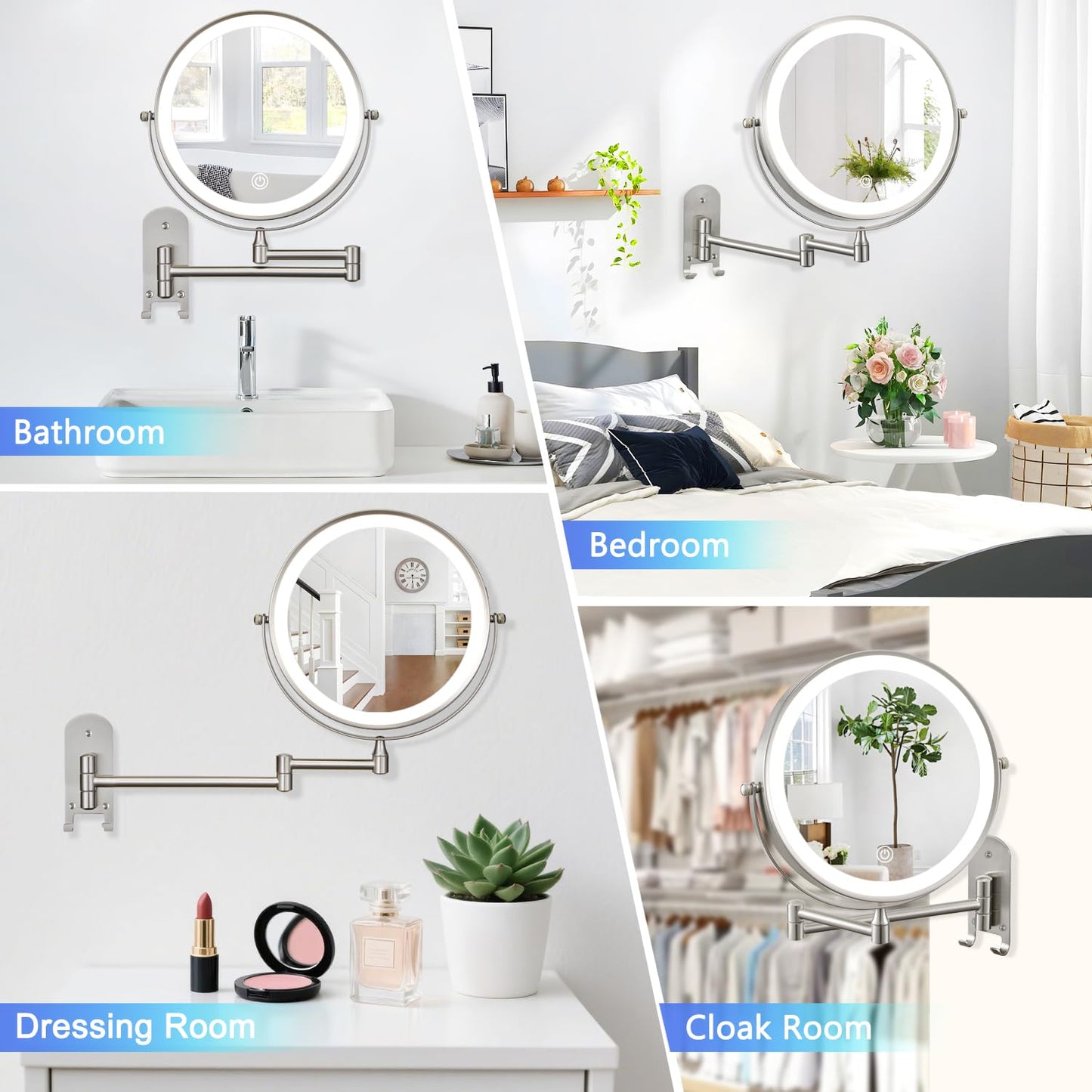 9" Wall Mounted Lighted Makeup Mirror, Rechargeable 1X/15X Magnifying Mirror with Light Double Sided, 3 Color Lights Dimmable 360 Rotation Shaving Light up Mirror with Hook, Nickel