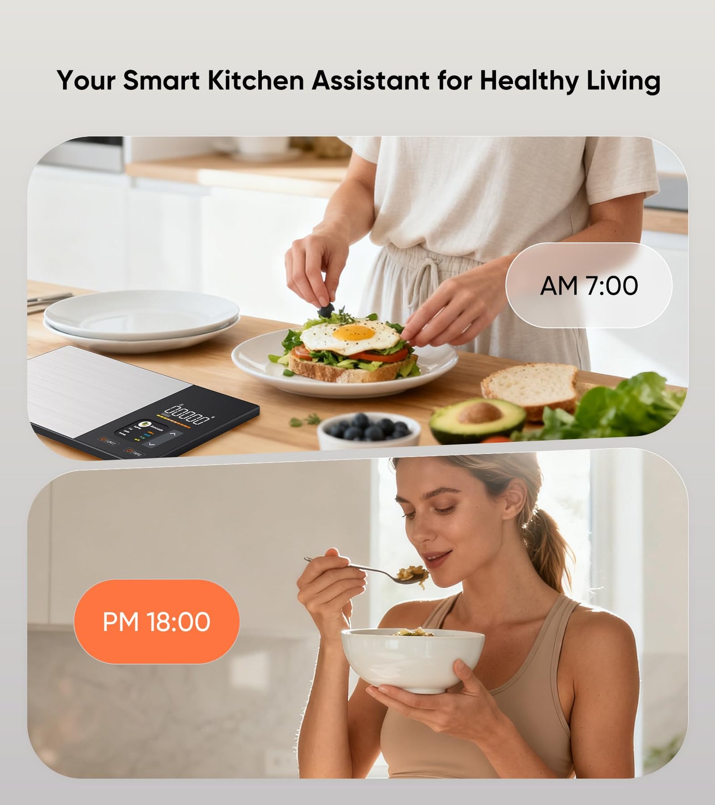 KUAIVO Smart Food Scale with TFT Display, Tracks Calories, Fat, Carbs & Protein, Works with App for Daily Nutrition Tracking, 50 Built-in Foods, 23 Nutrients, Digital Kitchen Scale for Meal Prep