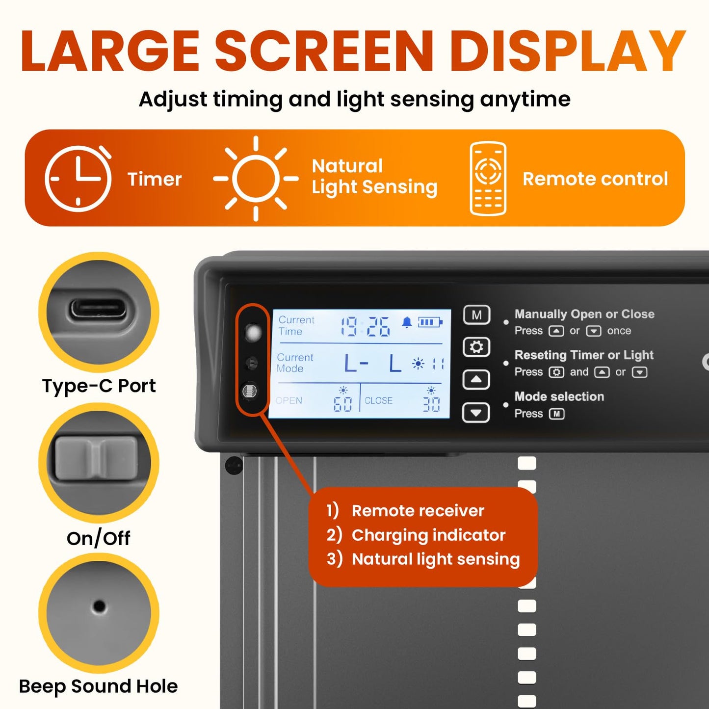 Okkobi Automatic Chicken Coop Door Solar Powered - LCD Display - Chicken Coop Door with Remote Control, Light Sensor & Timer - Security & Peace of Mind: Anti-Pinch Function - 5-Year Protection - Grey