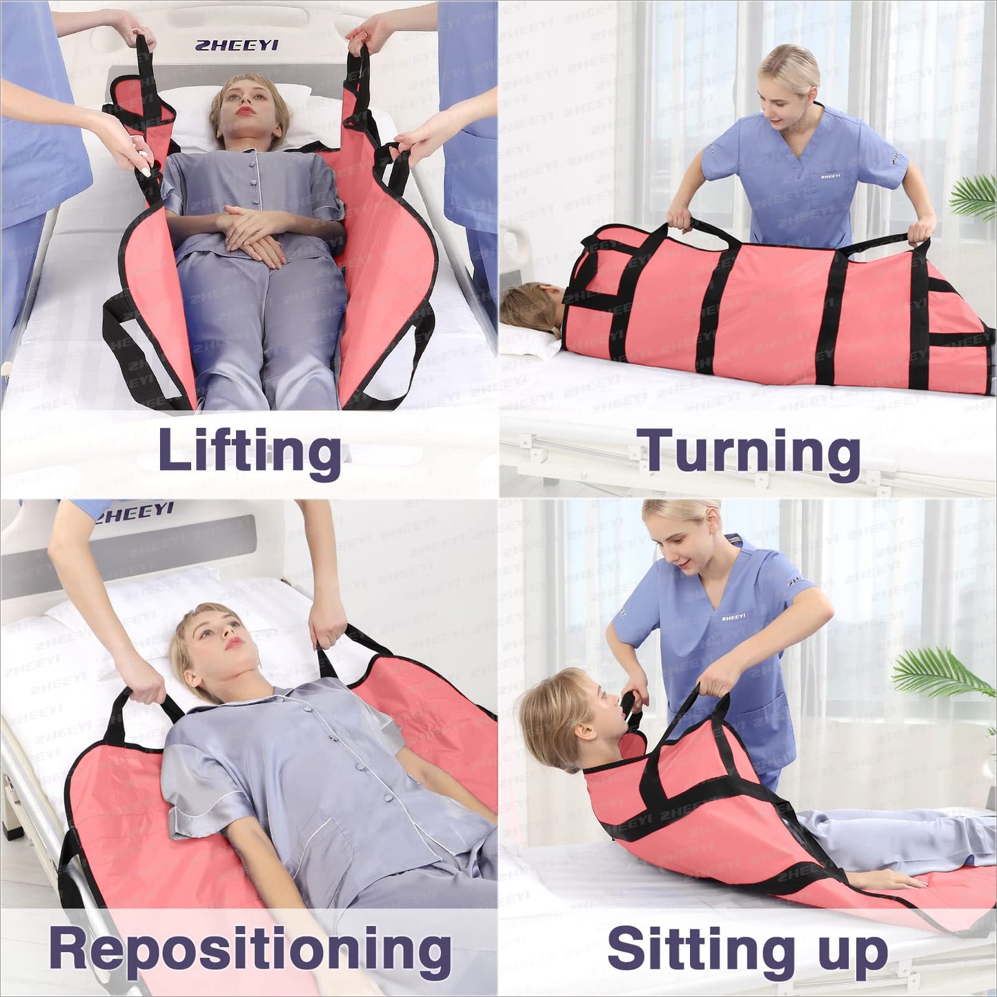 ZHEEYI Multipurpose 48" x 40" Positioning Bed Pad with Reinforced Handles - Reusable & Washable Patient Sheet for Turning, Lifting & Repositioning - Double-Sided Nylon Fabric, Pink