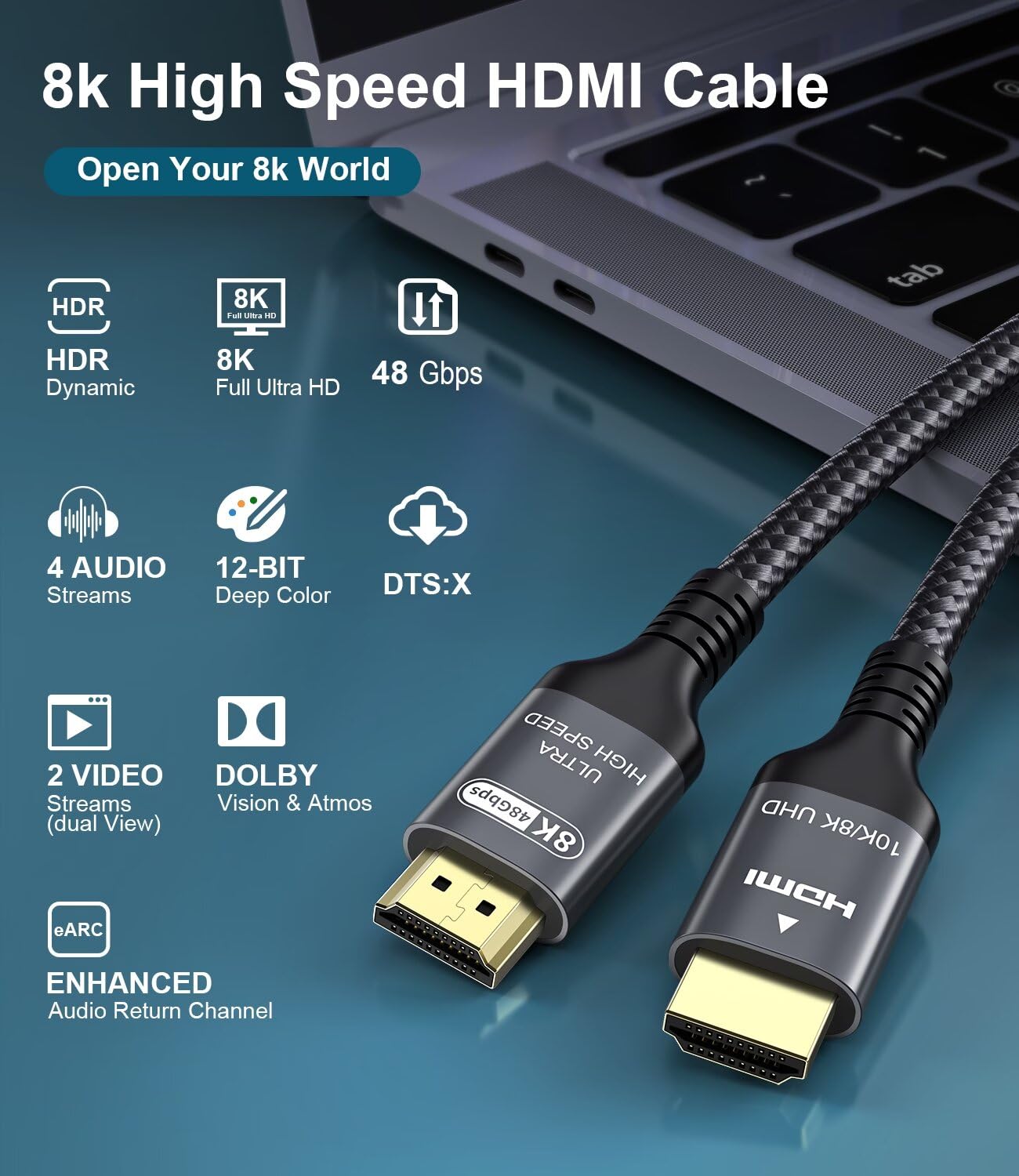Certified 8K HDMI 2.1 Cable 7m, 48Gbps Ultra High Speed HDMI Cable 4K 144Hz 120Hz 8K 60Hz Support eARC DTS:X Dolby Atmos Dynamic HDR10 HDCP 2.3 Compatible MacBook Pro 2021 Gaming PC OLED TV Roku