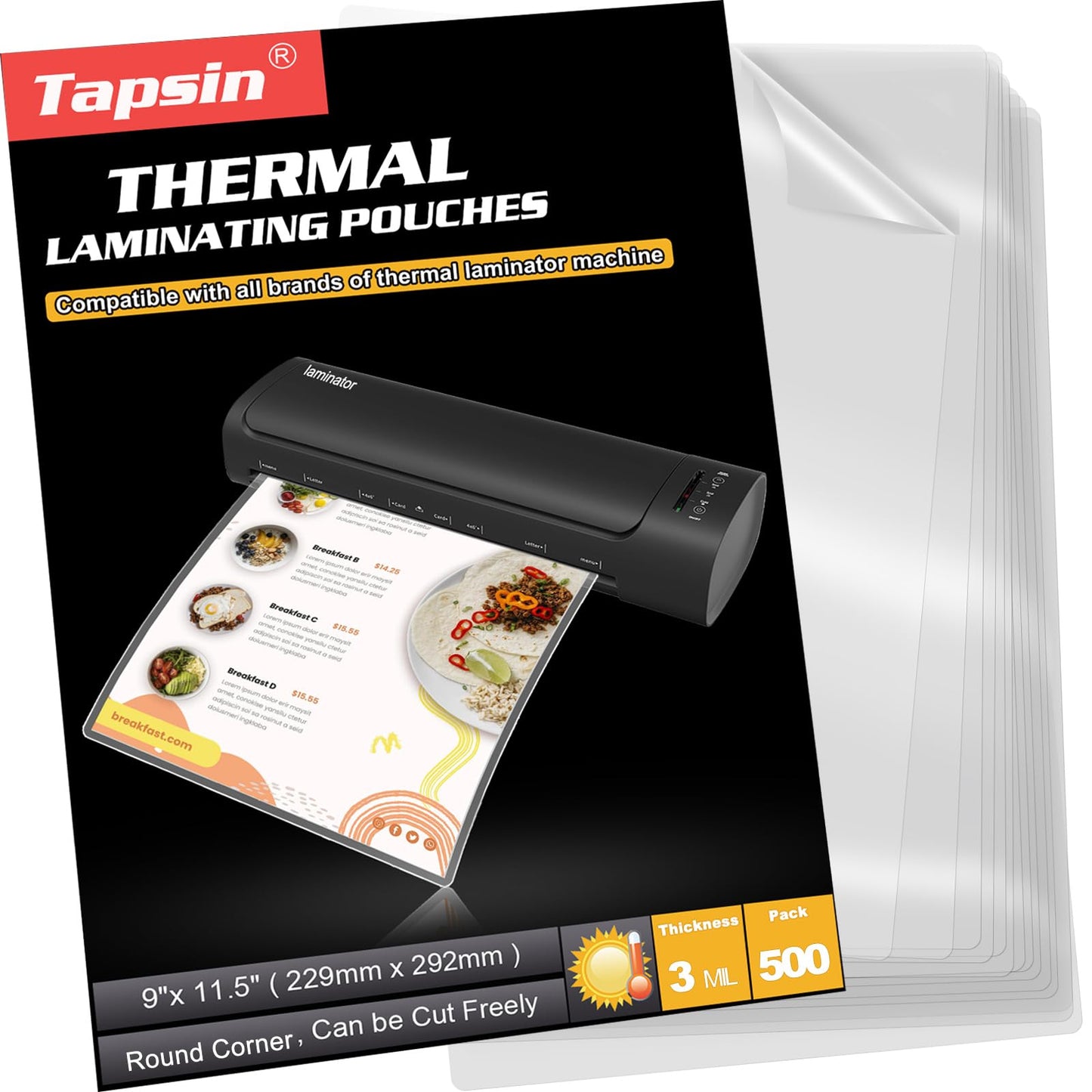 Tapsin Laminating Pouches, 500 PCS 3 Mil Laminating Sheets 9 x 11.5, Universal Thermal Laminator Sheets, Letter Size