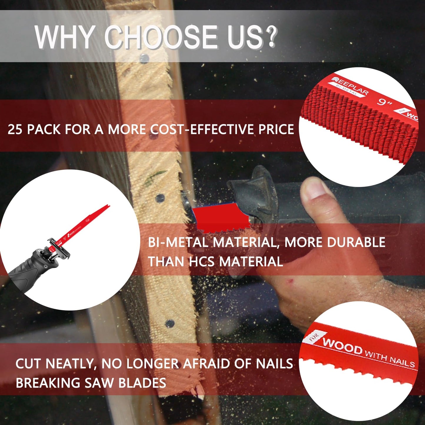 9 Inch 6/12 TPI Reciprocating Saw Blades Set Bi-Metal Pruning Blades for Nail-Embedded Wood,25 Pack,Wood with Nails,Metal/Wood Cutting Sawzall Blades