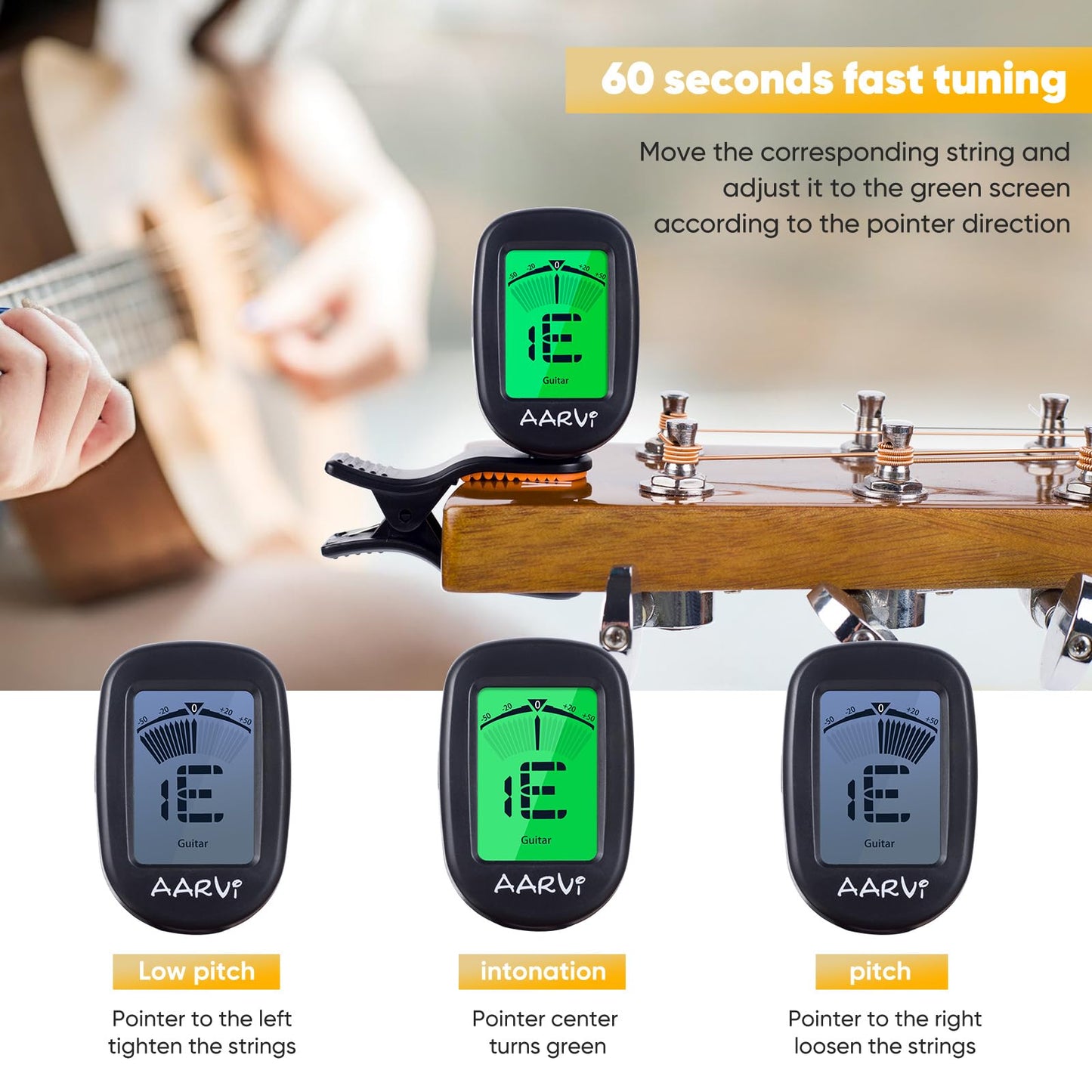 Clip On Guitar Tuner 5 Pack for All Instruments, Acoustic/Electric Guitar, Ukulele, Bass, Violin, Banjo, Large Clear LCD Display for Guitar Tuner, Chromatic Tuner, 20 Pack Guitar Picks Included