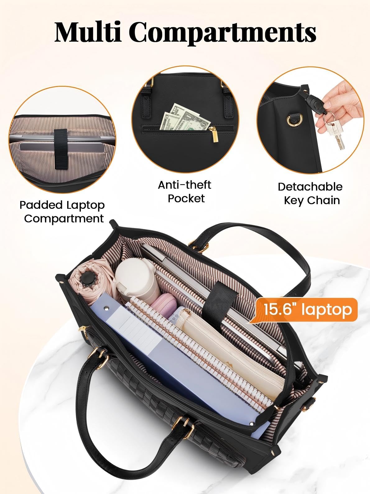MATEIN Laptop Bags for Women, Work Bag with Lunch Compartment, Work Tote Bags with Clutch,Large Lunch Bags for Office, Daily Use, 2 Sets, Black