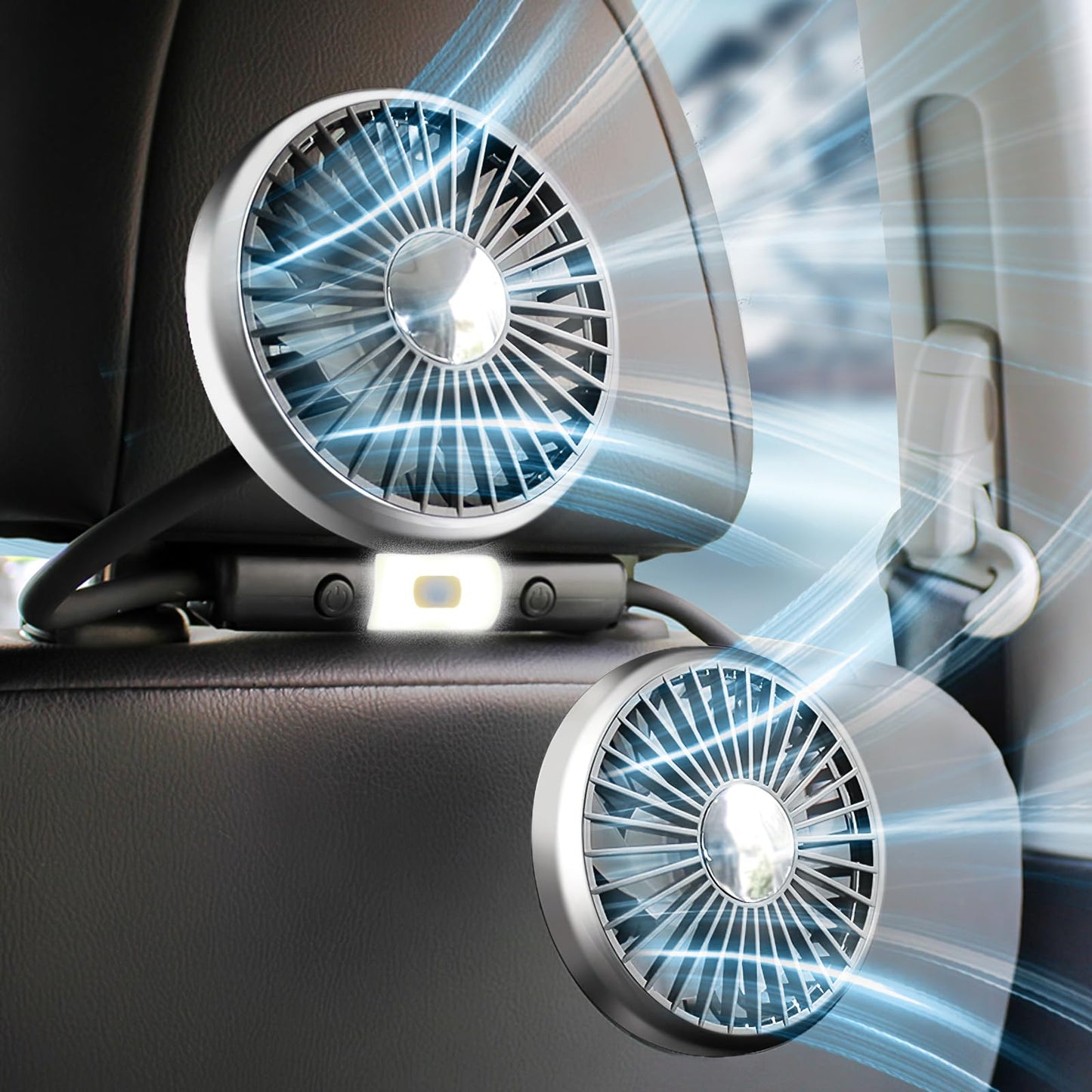 xuenair 360 Hose Cooling Fan for Car Backseat Kids Baby Rear Facing, Portable USB Car Fan for Vehicle SUV RV Pickup Truck Headrest - Powerful 3-Speed LED Light