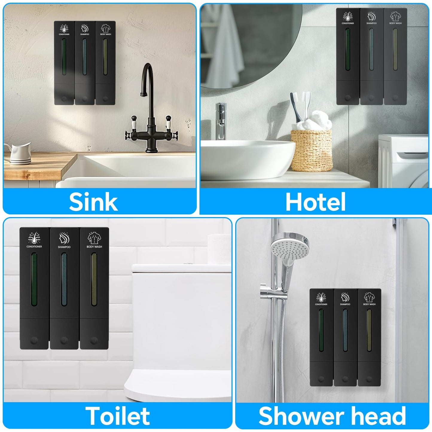 Volufia Shampoo and Conditioner Dispenser, Shower Soap Dispenser, Shower Dispenser 3 Chamber No Drill, Body Wash Dispenser Wall Mounted for Bathroom Hotel 3x400ML, Black