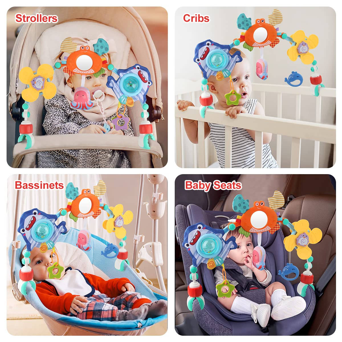 Joyfia Baby Stroller Arch Toy, Newborns Sensory Activity Arch Toy with Teethers, Rattle, Mirror & Windmill, Crib Car Seat Toys for Infants Toddlers 0-12 Months, Developmental Gifts for Boys Girls