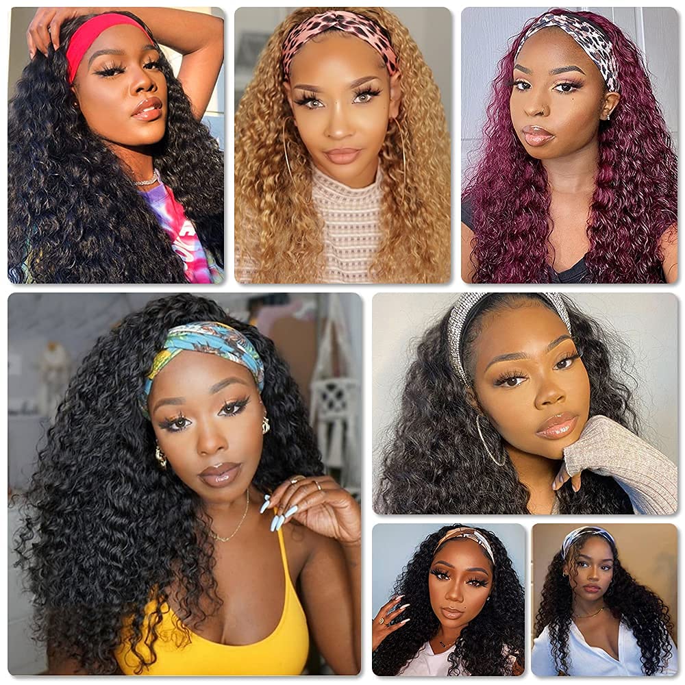 Human Hair Headband Wig 14 Inch Deep Wave Curly Headband Wigs Human Hair Wigs for Women Human Hair Perruque femme cheveux humain naturel Brazilian Real Black Hair Headband Wigs for Black Women
