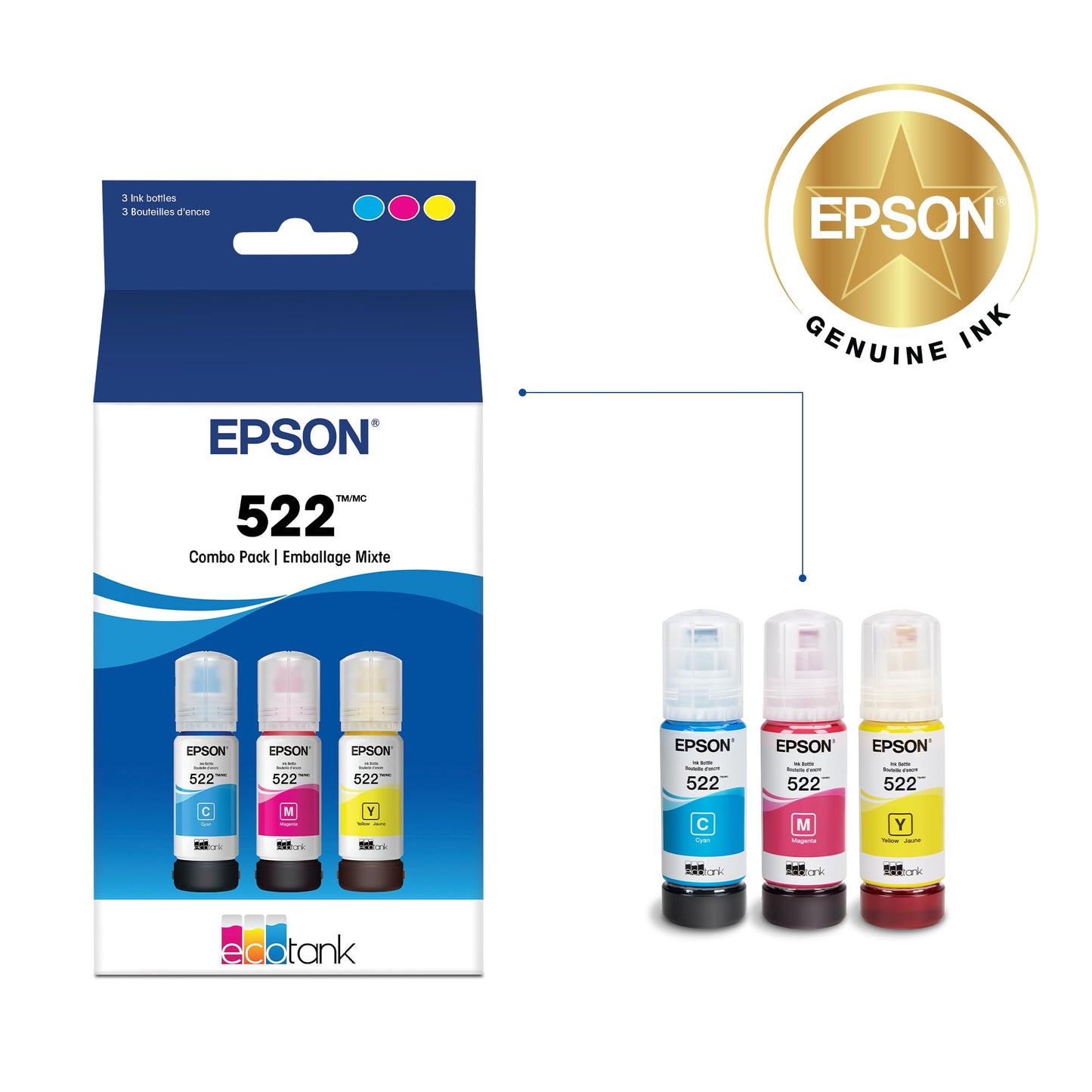 Epson 522 EcoTank Ink Ultra-high Capacity Bottle Cyan (T522220-S) Works with ET-2720, 2800, 2803, 2840, 4700, 4800, 4810