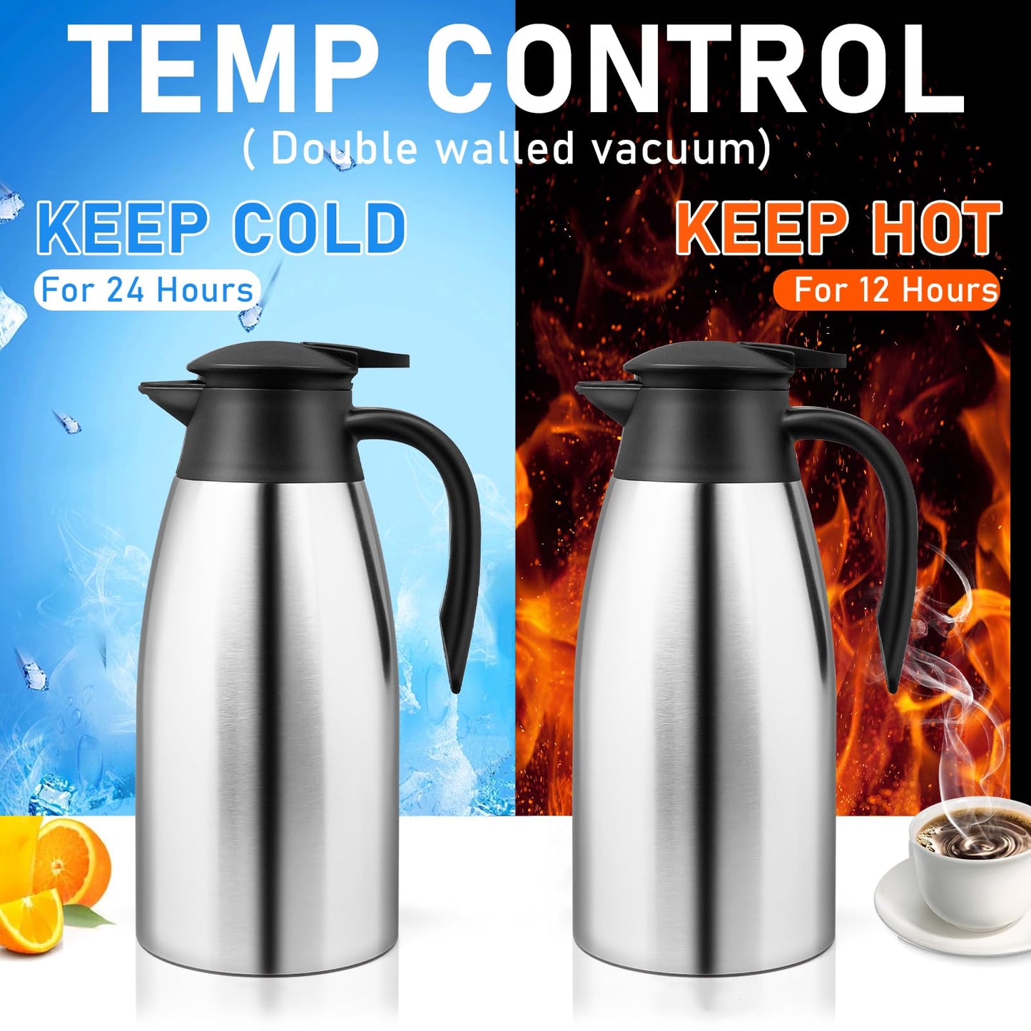 2 Pcs 68 oz Thermal Coffee Carafe Insulated Stainless Steel Coffee Carafe for Hot Liquids Vacuum Thermal Pot Creamer Carafe Dispenser with Brushes Keeping Hot 12 Hours (Silver)