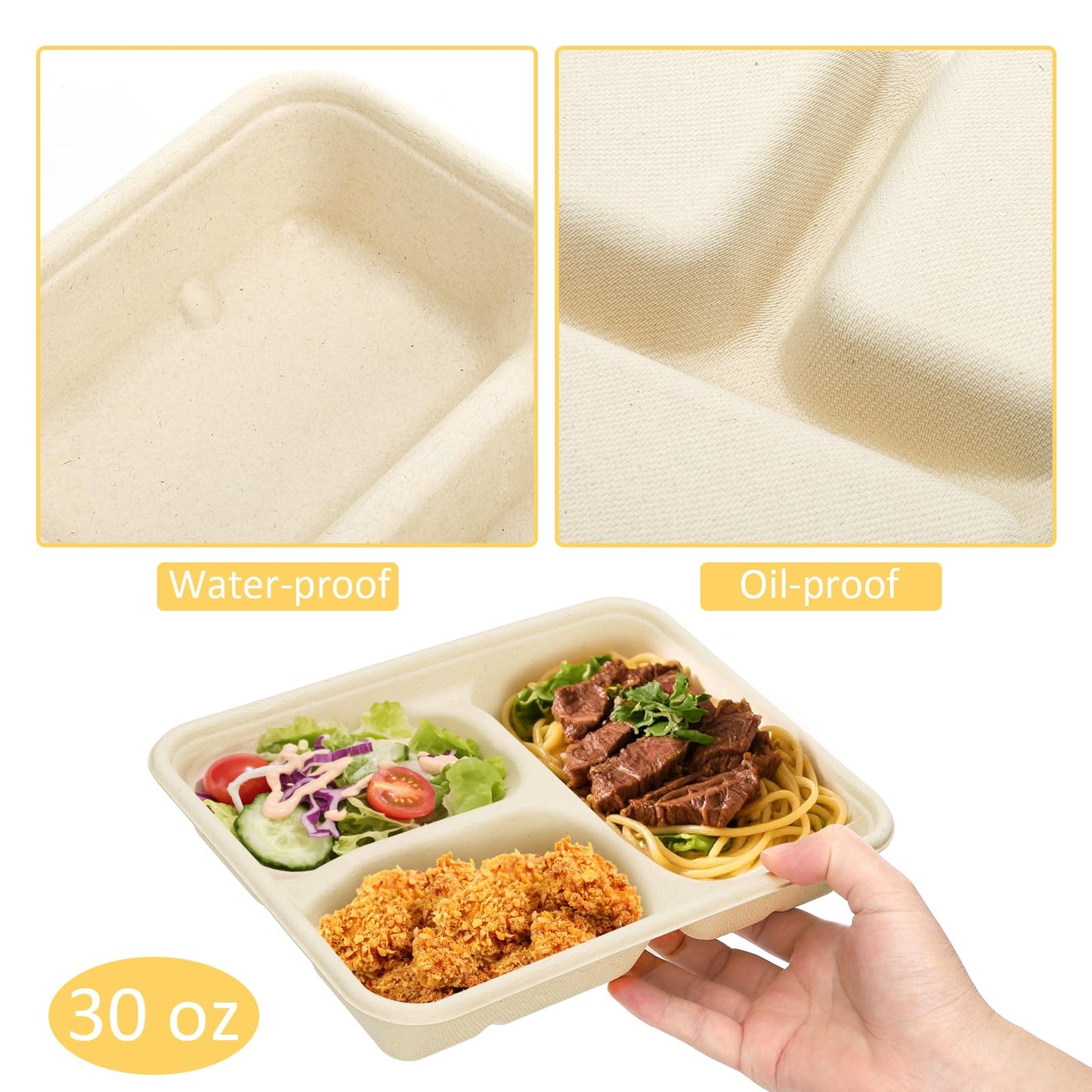 Yesland 100 Pack Compostable Paper Plates, Natural Sugarcane 3 Compartment Plate, Heavy Duty Lunch Tray, Disposable Divided Sectional Trays, Microwave Freezer Safe for Party School