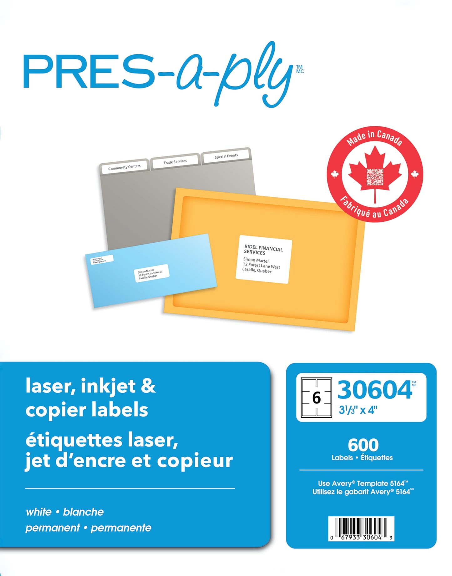 Pres-A-Ply 3-1/3" X 4" Shipping Labels, 6UP Mailing Labels, For Laser & Inkjet Printers, 600/Pack, White, Rectangle, Permanent, (30604), Made In Canada