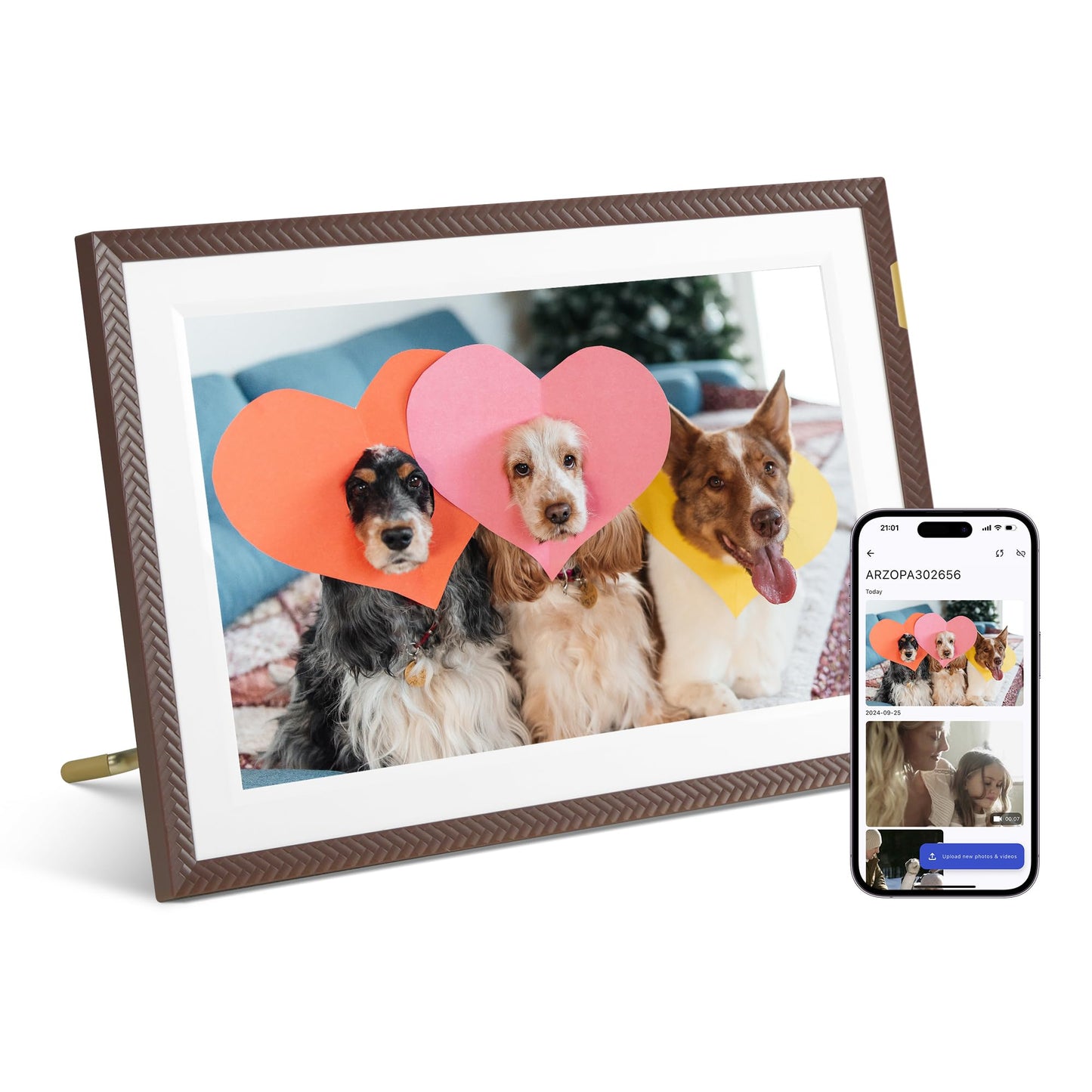ARZOPA WiFi Digital Picture Frame 10.1" HD IPS Touch Screen Smart Photo Frame Electronic Free Arzopa App Custom Picture Frame for Gifting Easy Share Unlimited Photos Videos from Anywhere - D10 Brown