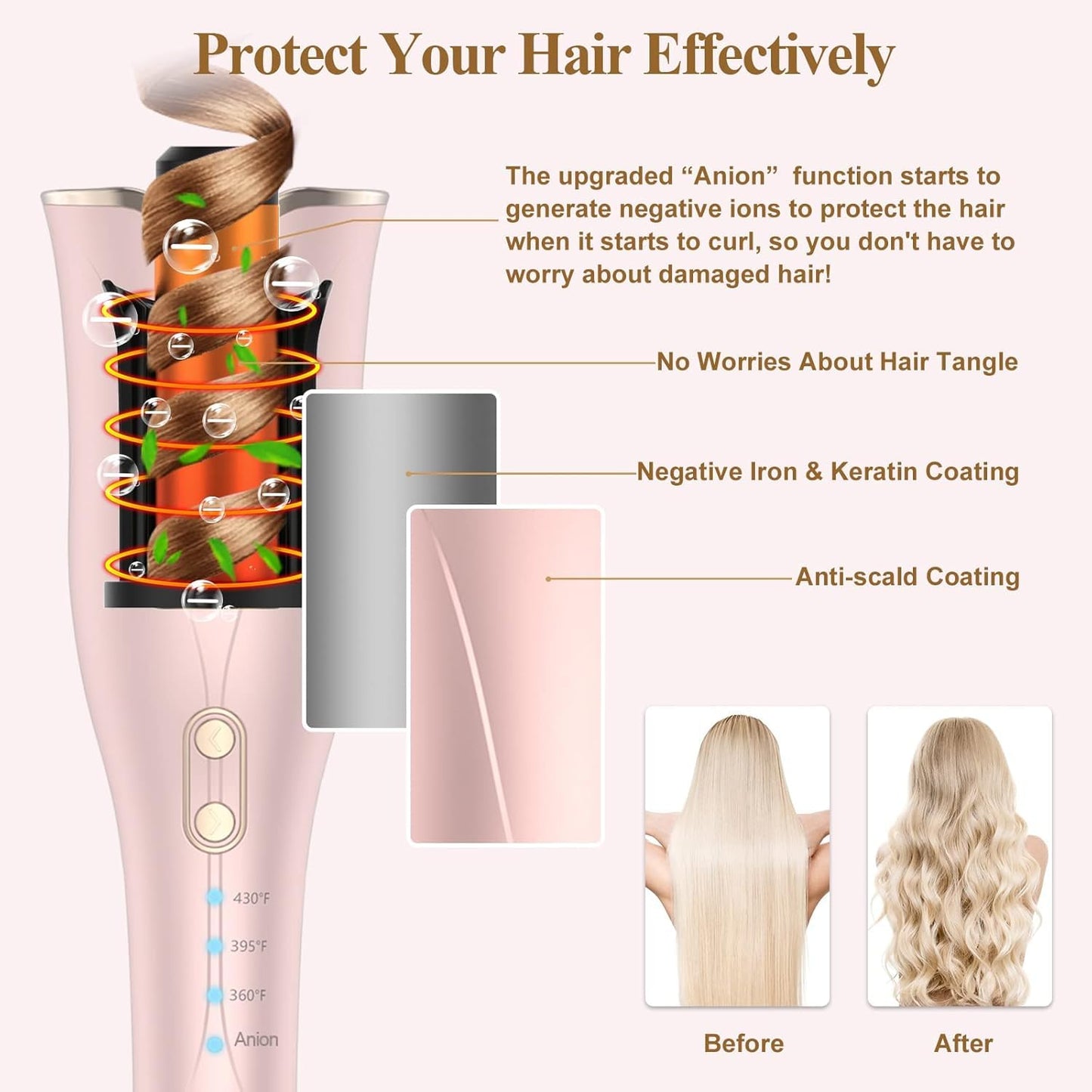 Automatic Curling Iron 1 Inch, Smart Anti-Tangle Automatic Hair Curler with 3 Temperature to 430°F, Ceramic Curling Wand, 500 Million Ionic, Dual Voltage Rotating Curling Iron for Travel, Pink