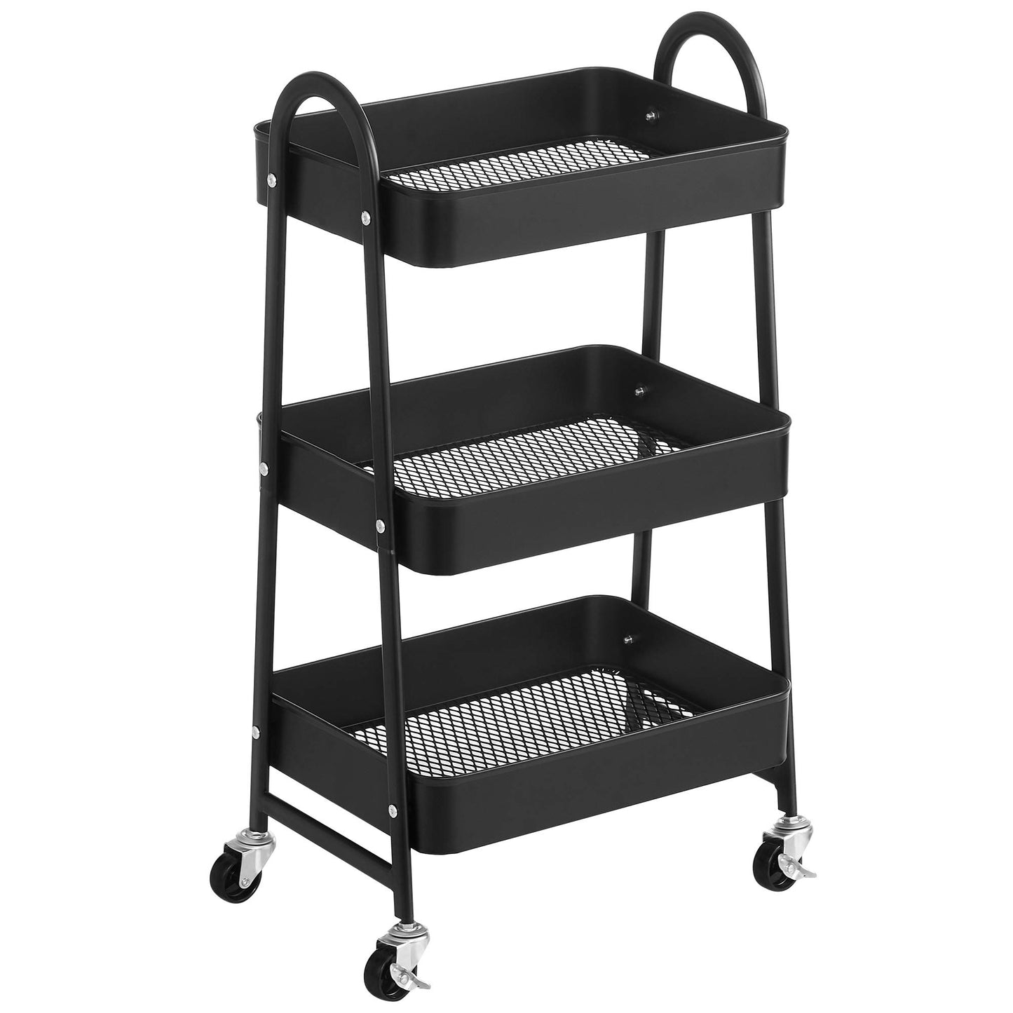 SONGMICS 3-Tier Utility Rolling Cart, Metal Storage Cart with 2 Brakes and Handles, Black UBSC068B01