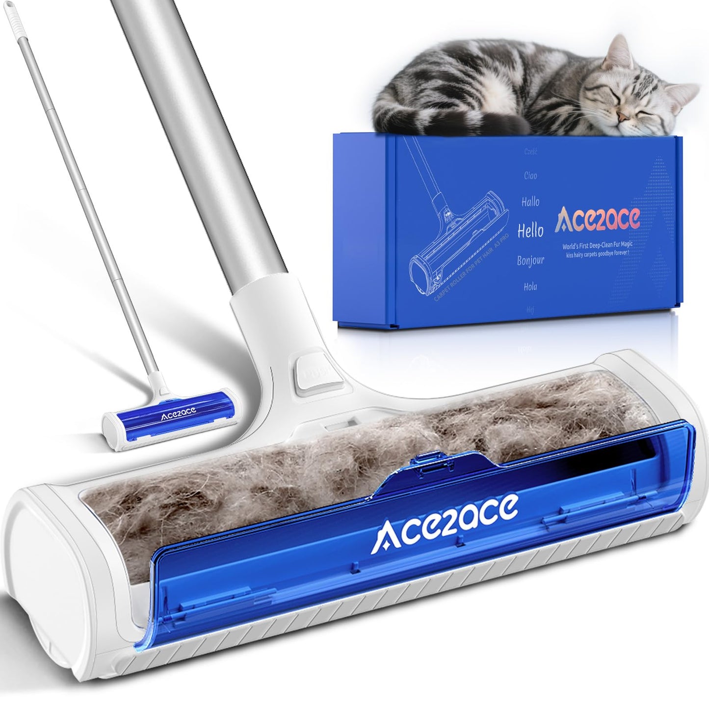 ACE2ACE Carpet Roller for Pet Hair, Self-Collected Pet Hair Removal Tool, Reusable Carpets Rake, 5 Feet Long Handle No Bending No Kneeling, Cat Dog Hair Remover for Carpet, Rugs, Mats, Blue
