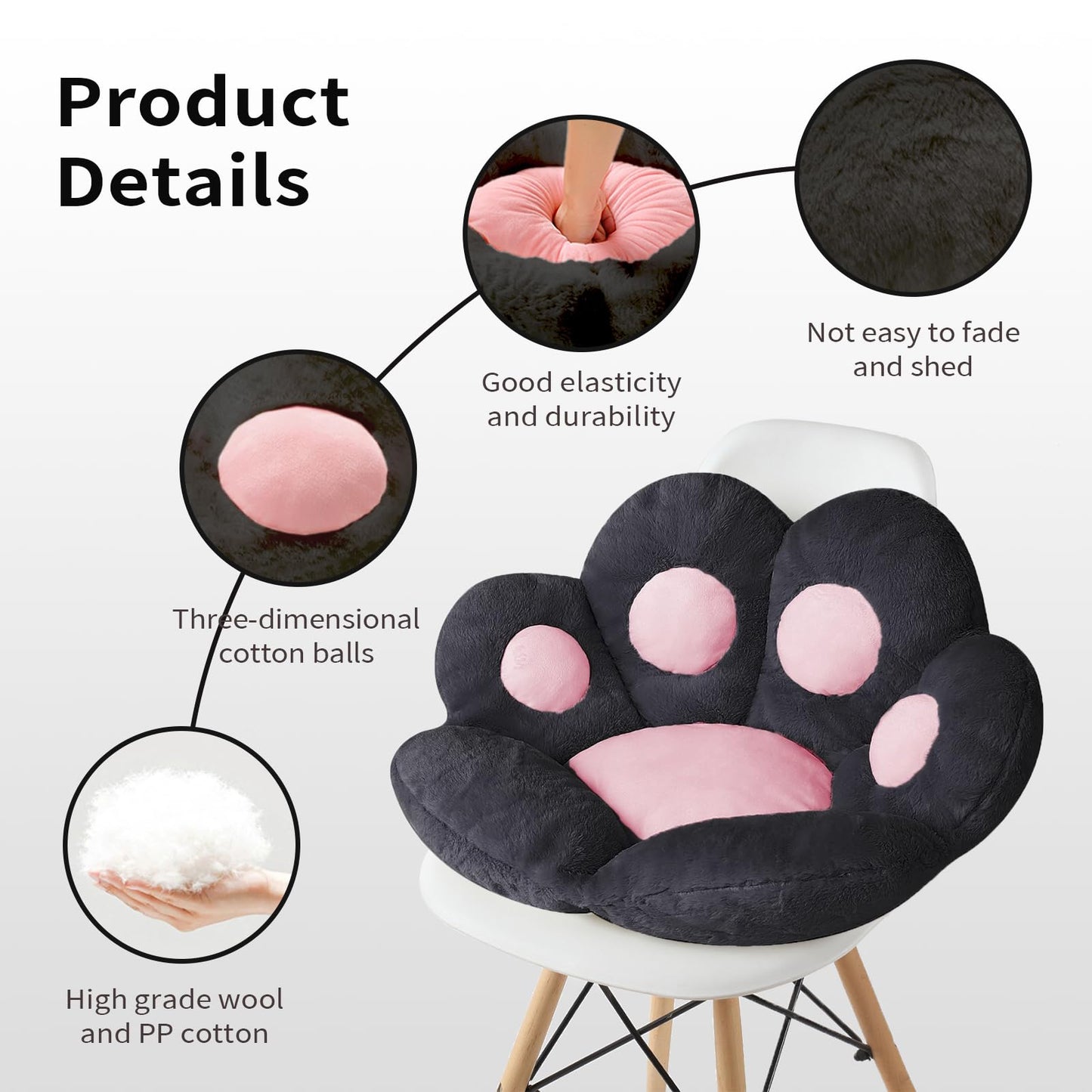 Ditucu Cat Paw Cushion Comfy Kawaii Chair Cushion 27.5 x 23.6 inch Bear Paw Lazy Sofa Office Floor Pillow Cute Plush Seat Pad for Gaming Chair for Bedroom Decor Black