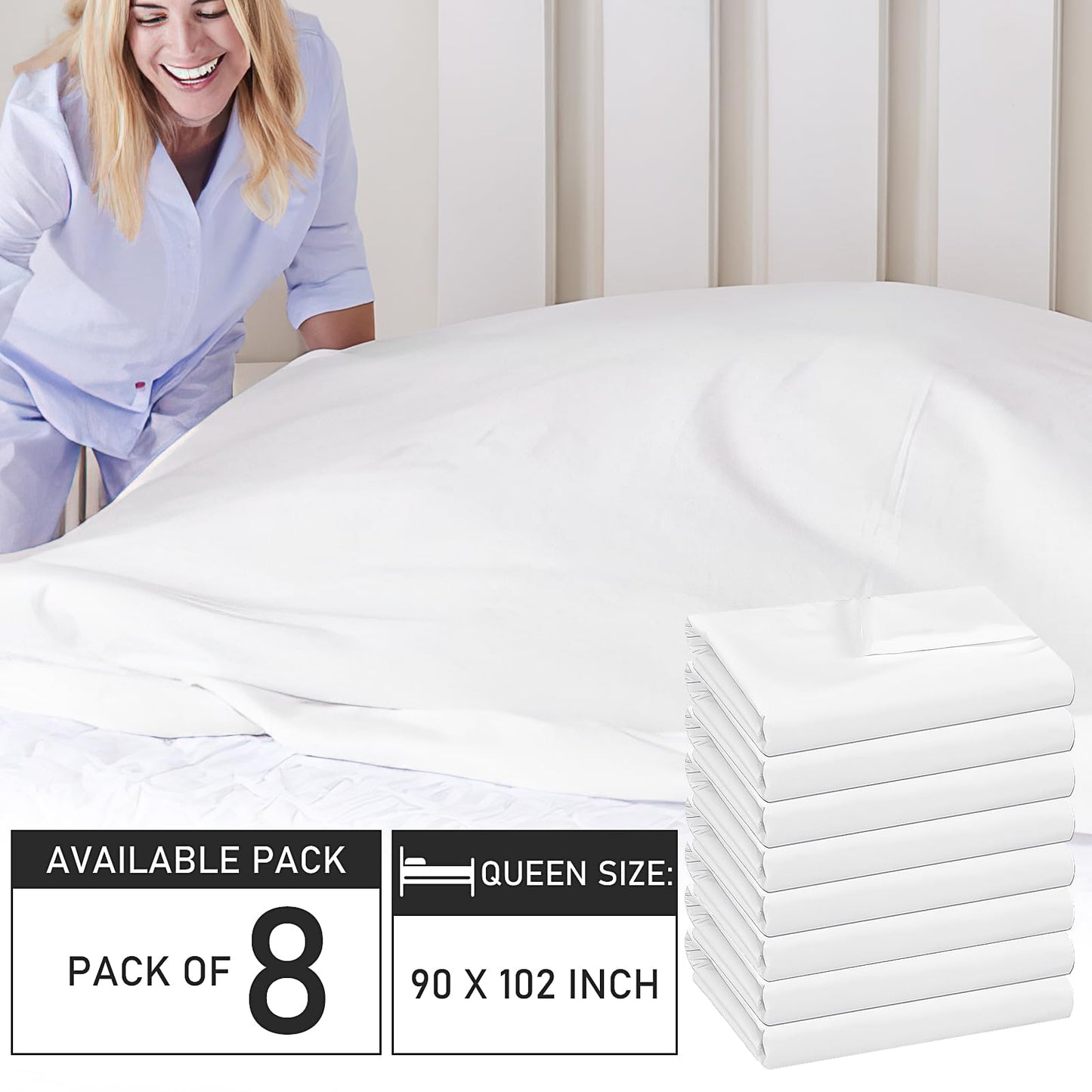 8 Pcs Queen Bed Sheets White, 90 by 102 inches Flat Sheet for Home, Hospital, Hotel, Spa Massage Therapy & More- Machine Washable Soft Touch Moisture Absorbing Top Sheet