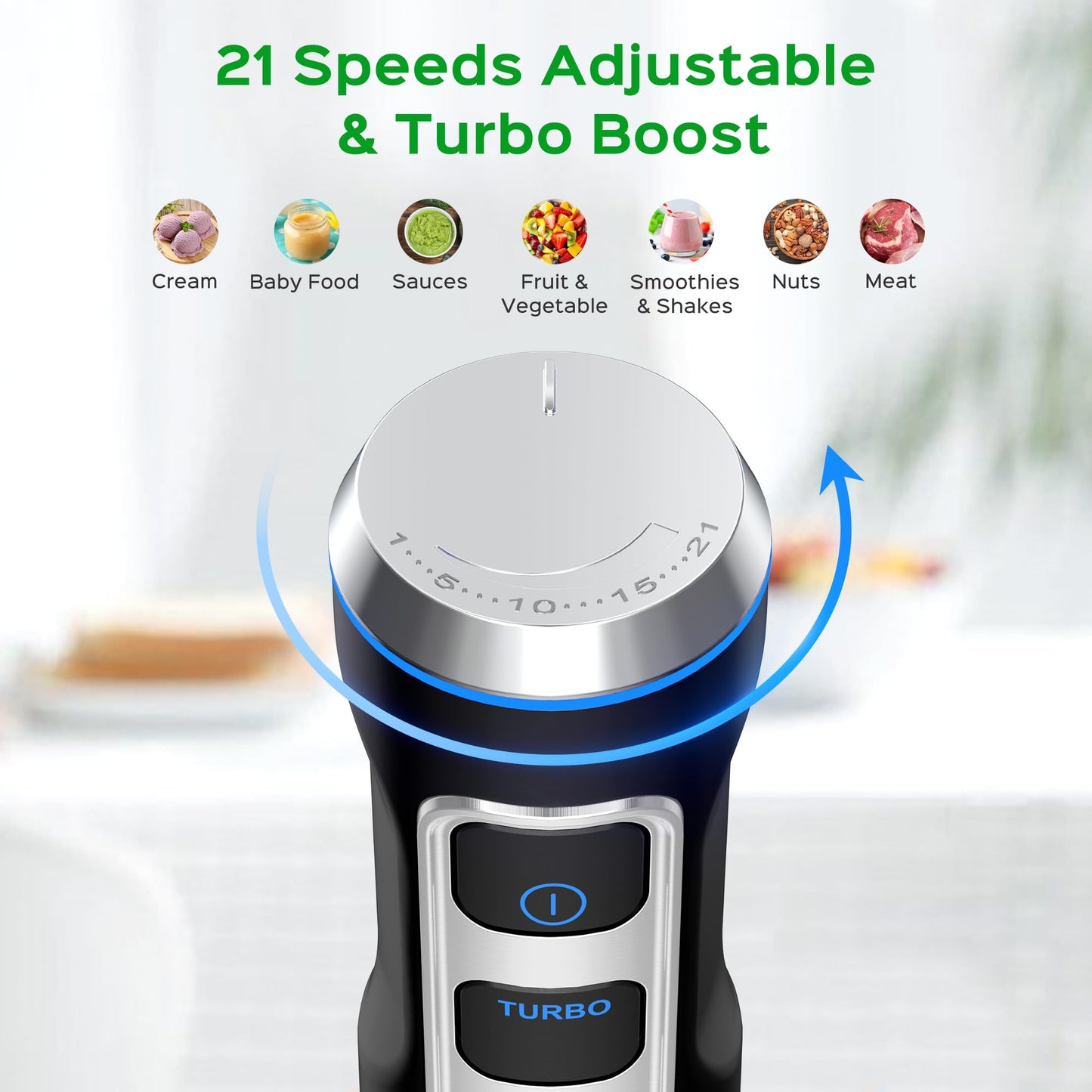 Powerful Hand Blender, Electric Immersion Blender 1000W with 21 Speed and Turbo Mode, 5-in-1 Handheld Blender, Milk Frother, Egg Whisk, 800ml Beaker, 600ml Chopper and 304 Stainless Steel Blades