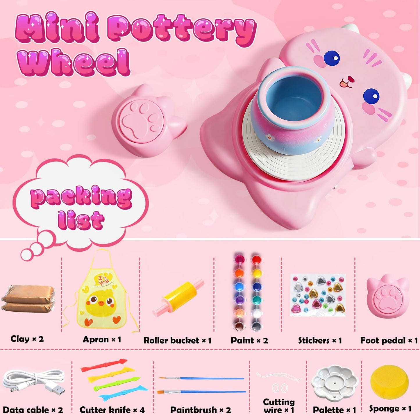 Skirfy Mini Pottery Wheel Kit for Beginners Kids,Electric Ceramic Wheel with Foot Pedal&Painting Kit, Adjustable Speed,Clay Spinner DIY Tools for Art Craft Birthday (Cat)