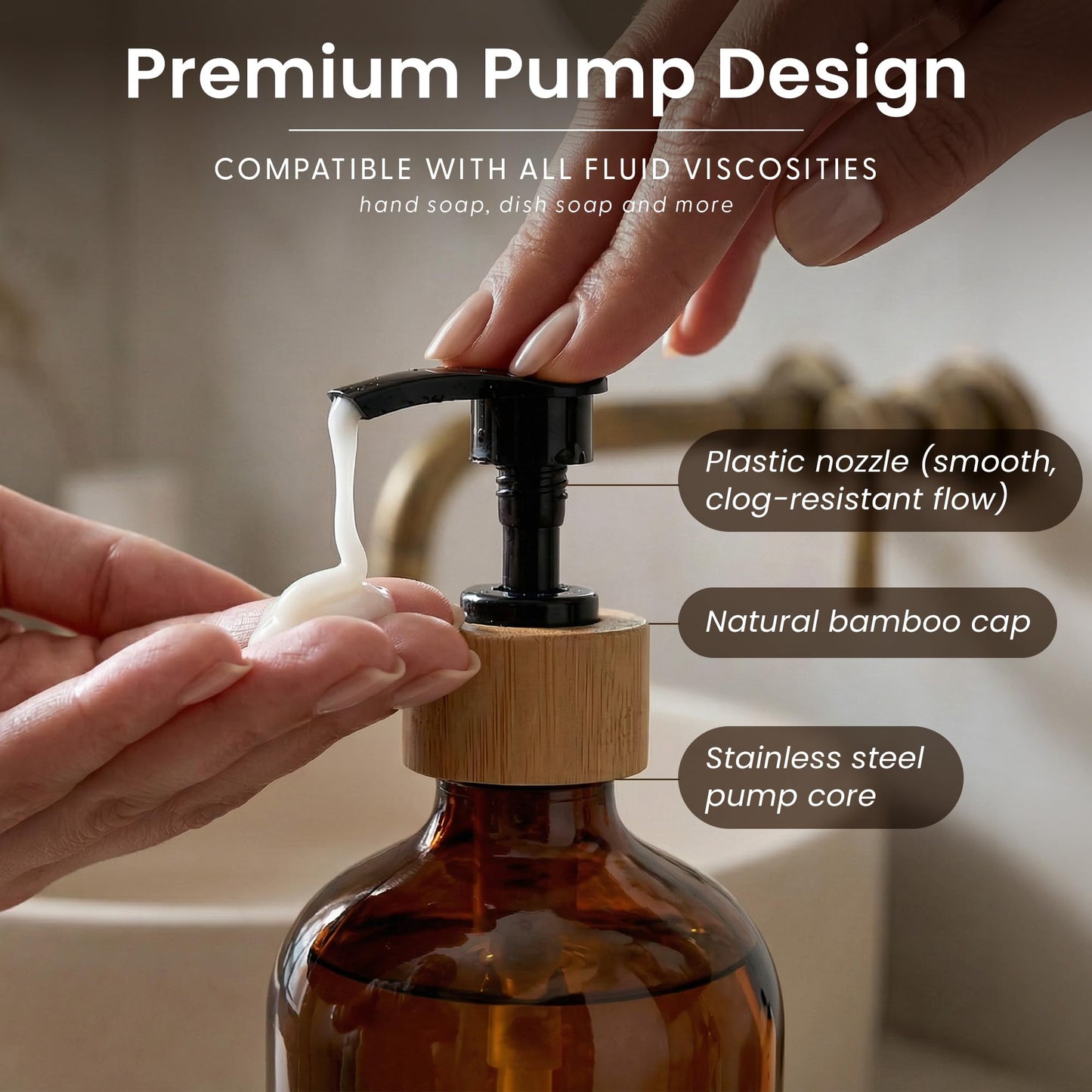 MaisoNovo Glass Dish Soap Dispenser for Kitchen Sink Set of 2-500 ml Dish and Hand Soap Dispenser Set for Kitchen - Amber Glass Bottles with Black Bamboo Pumps x 2, Bamboo Tray