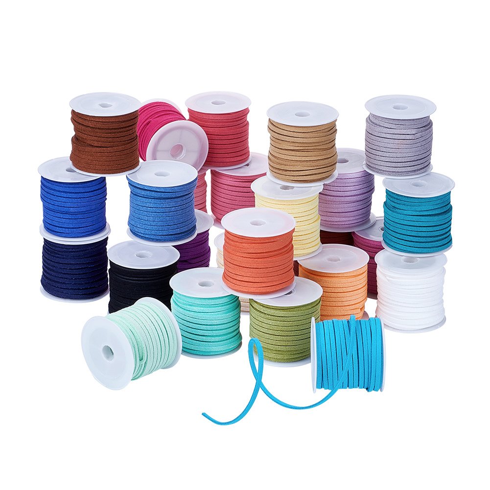 Pandahall 25Rolls 3x1.5mm Mixed Color Faux Suede Cord Lace Leather Strap String Thread Bracelet Craft Jewelry Making 5m/roll