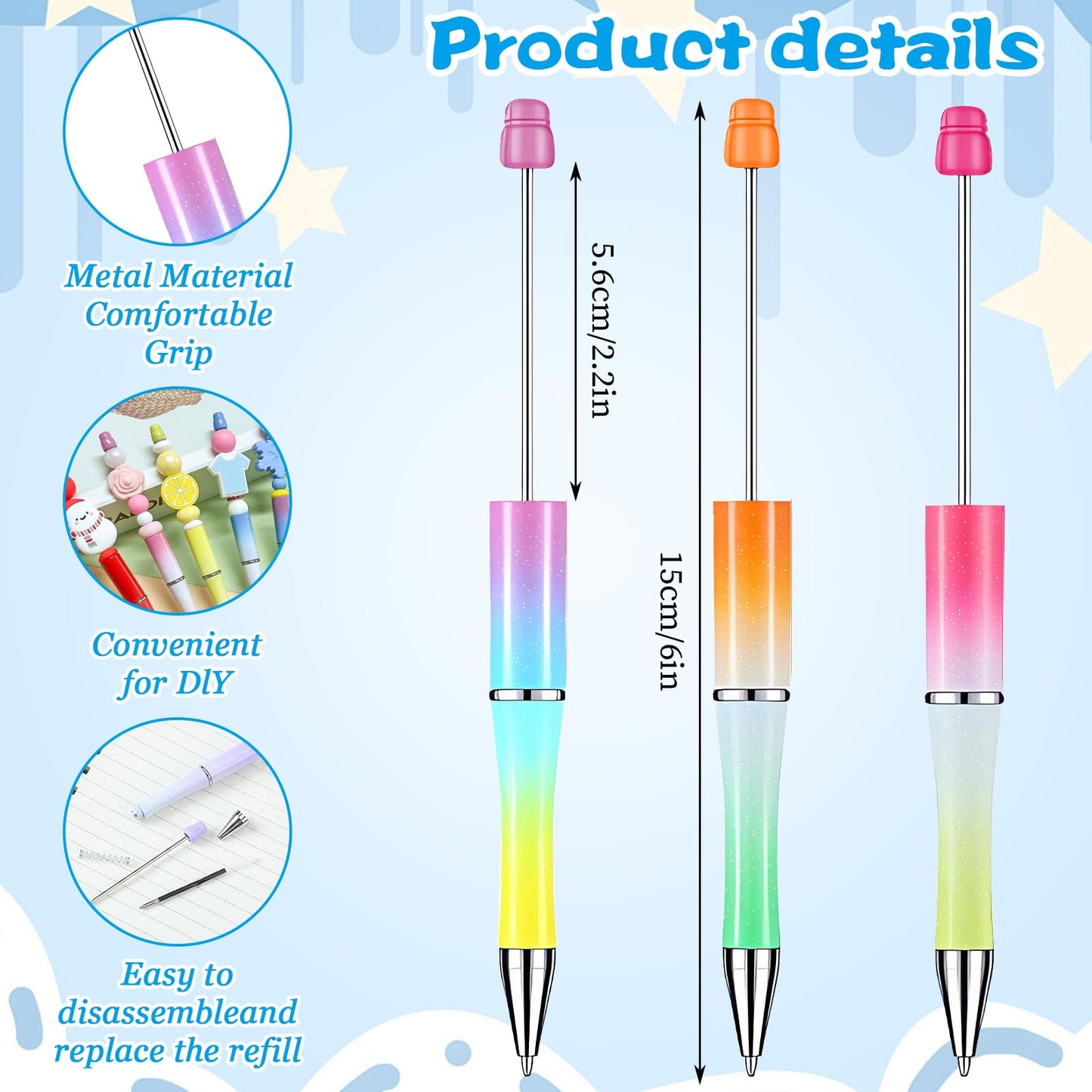 100 PCS Beadable Pens Kit, Plastic DIY Bead Pens Bead Pen Kit Ballpoint Pen, Beaded Pen Bulk Black Ink Ballpoint Pen for Women Student School Office Supplies