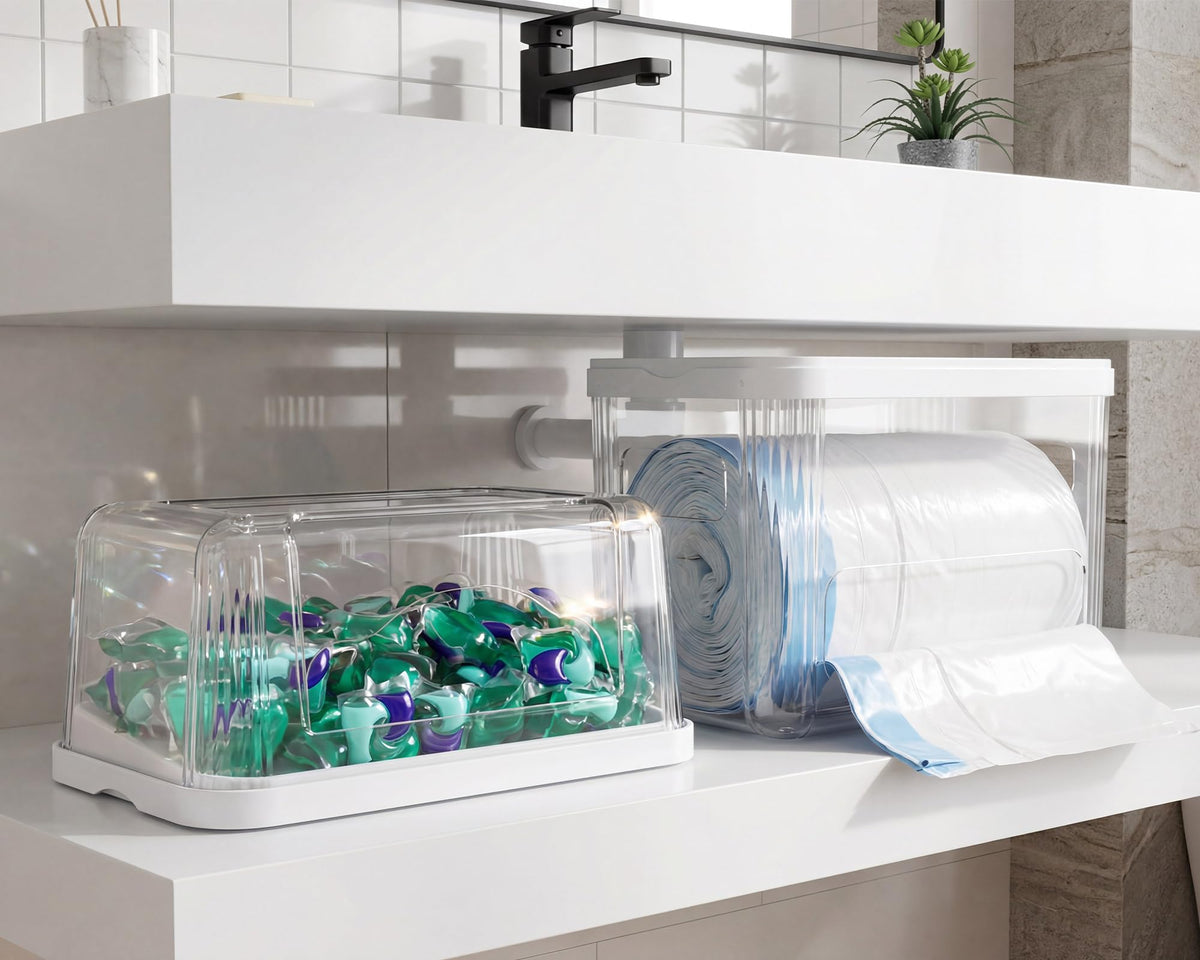 Onemake 3-in-1 Acrylic Trash Bag Dispenser & Laundry Pods Container Organizer, Extra Large Garbage Bag Holder for Kitchen Laundry Room Under Sink Pantry Organization and Storage (Clear, XL)