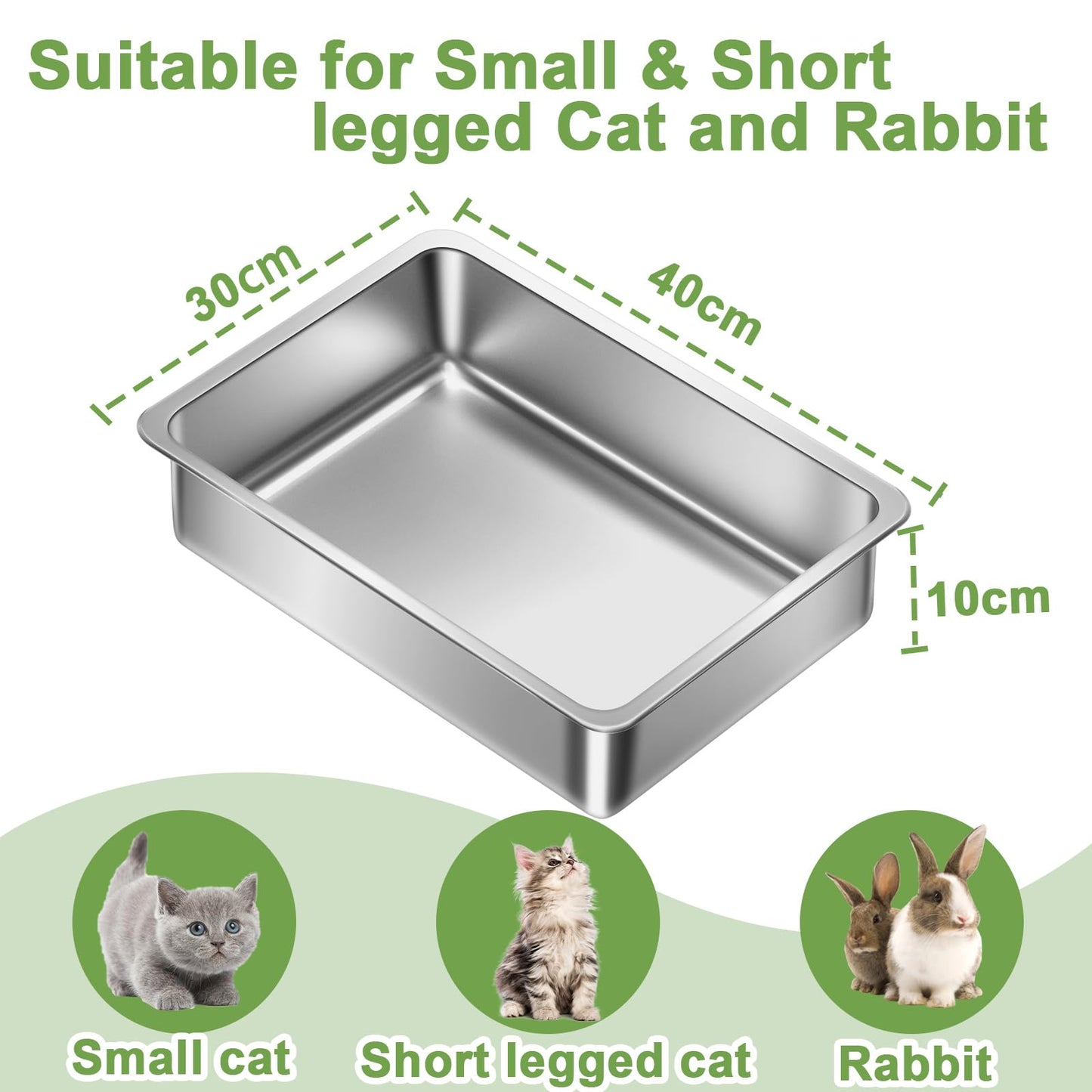 Amibud 2 Pack Stainless Steel Cat Litter Box, Metal High Sided Cat Pan, Extra Large Stainless Steel Box, Easy to Clean,Small Cat Toilet Supplies for Kitten, Kitty, Rabbit-40cm Lx 30cm W x 10cm H