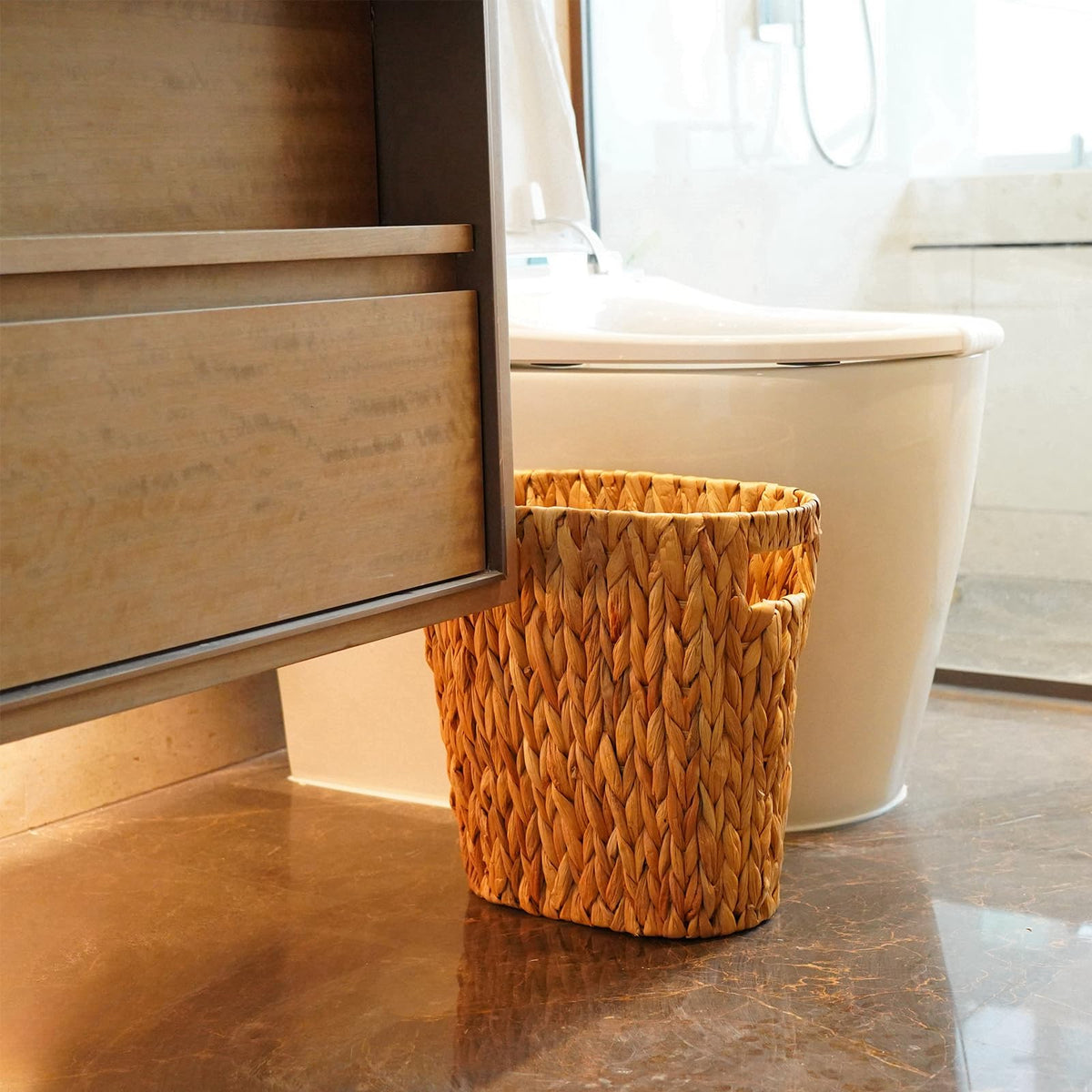 PINXIURY Bathroom Wicker Trash Can Handwoven Wicker Waste Basket with Built-in Handles Water Hyacinth Garbage Can for Bedroom Office Kitchen 100% Handmade 13" L x 7.5" W x 12.2" H, 3.2 Gallon