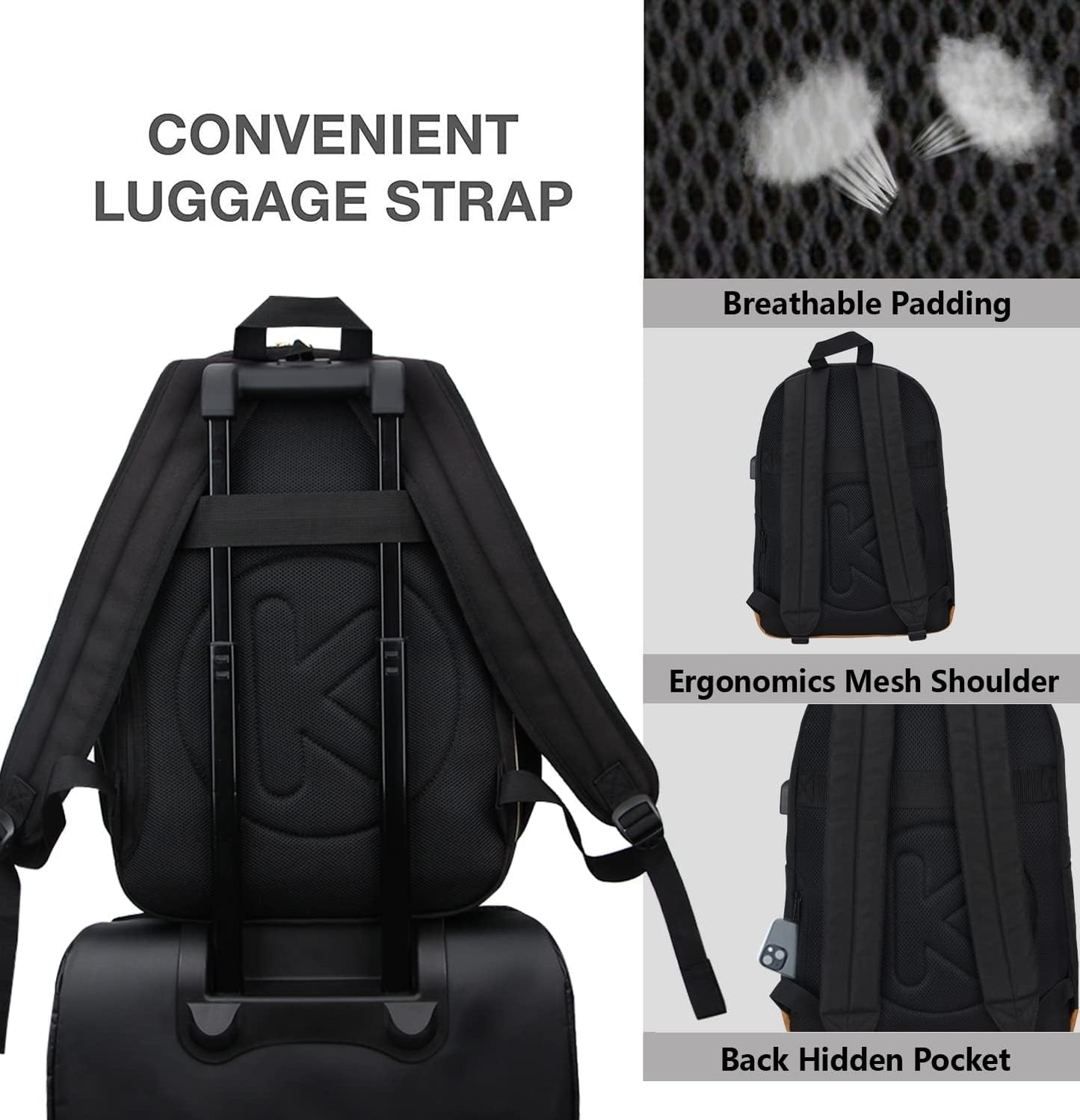 KOPHLY Large Travel Laptop Backpack with USB Charging Port for Men and Women, Work Backpack, Classic Backpack for College, Travel(18Inches/Black)