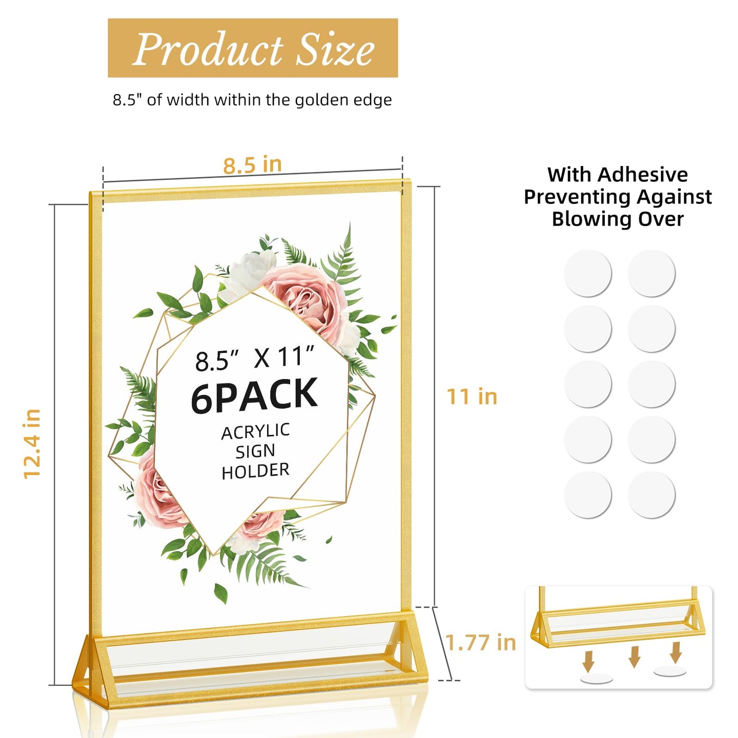 Acrylic Sign Holder 8.5x11 Double-Sided Gold Picture Frames Clear Sign Holder for Flyer Holder Menu Holder Wedding Table Number Holder Photo Frame -6 Pack
