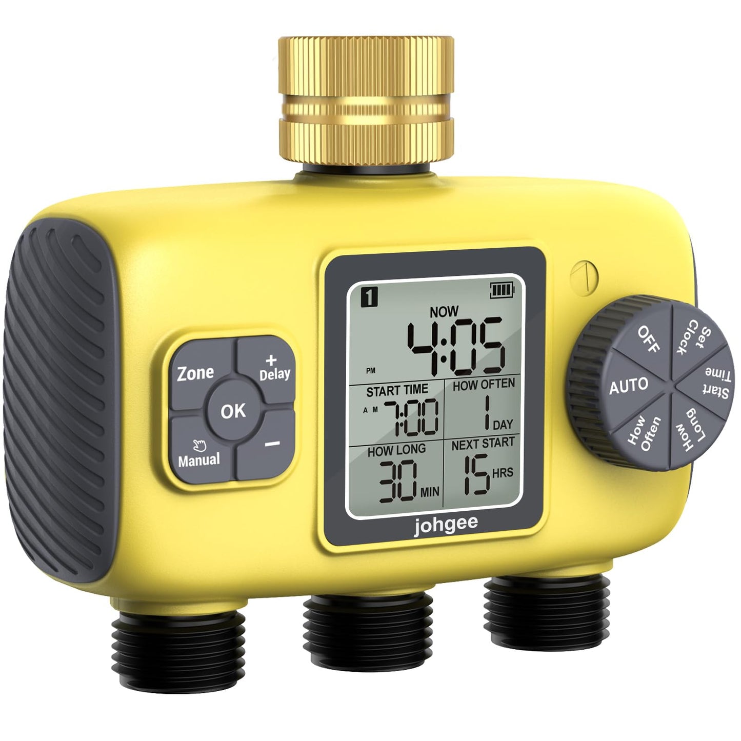 Johgee 3 Zones Water Timer Brass Inlet, Sprinkler Timer Programmable Garden Hose Timer with Rain Delay/Manual/Automatic Watering System,Waterproof Digital Irrigation Timer System for Lawns Pool