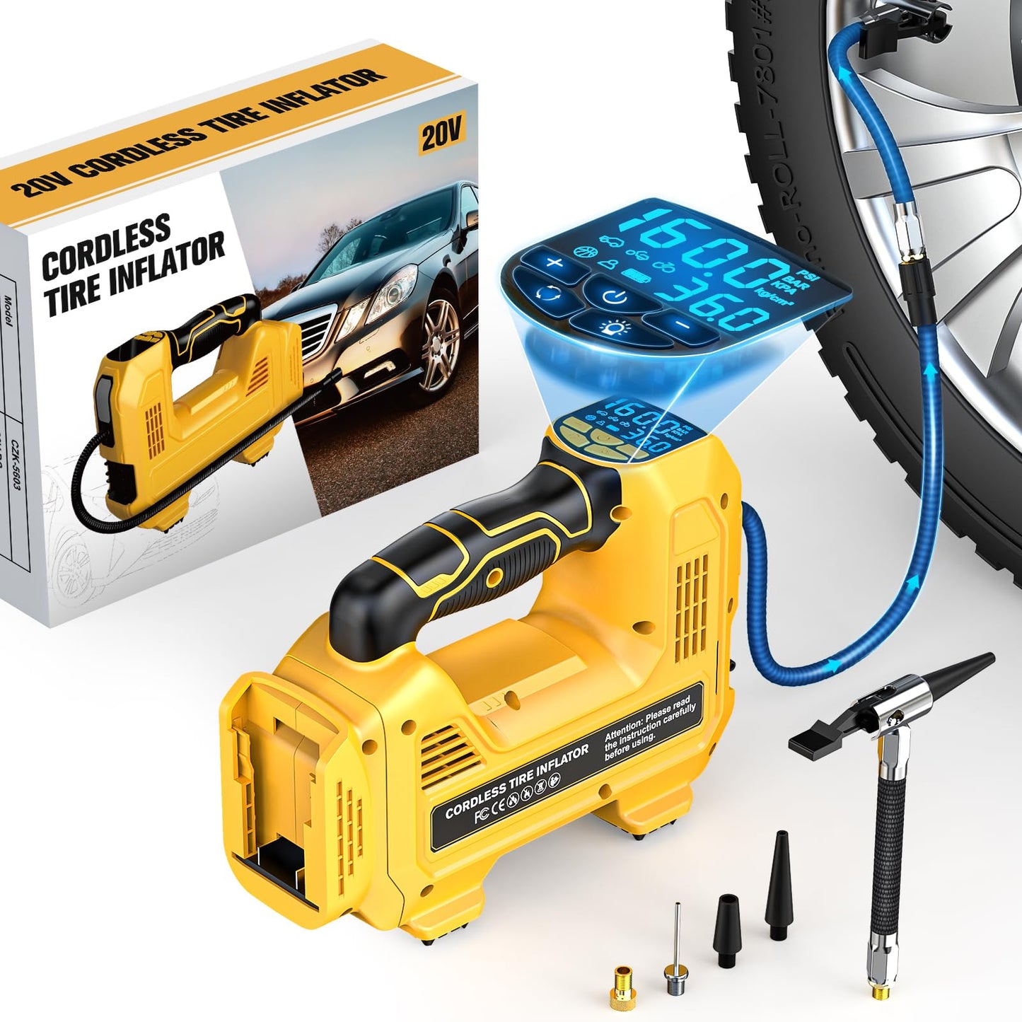 LIVOWALNY Cordless Tire Inflator Air Compressor Compatible with Dewalt 20V Max Battery, Portable Handheld Air Pump with Digital Pressure Gauge for Cars Motorcycles(Battery Not Included)