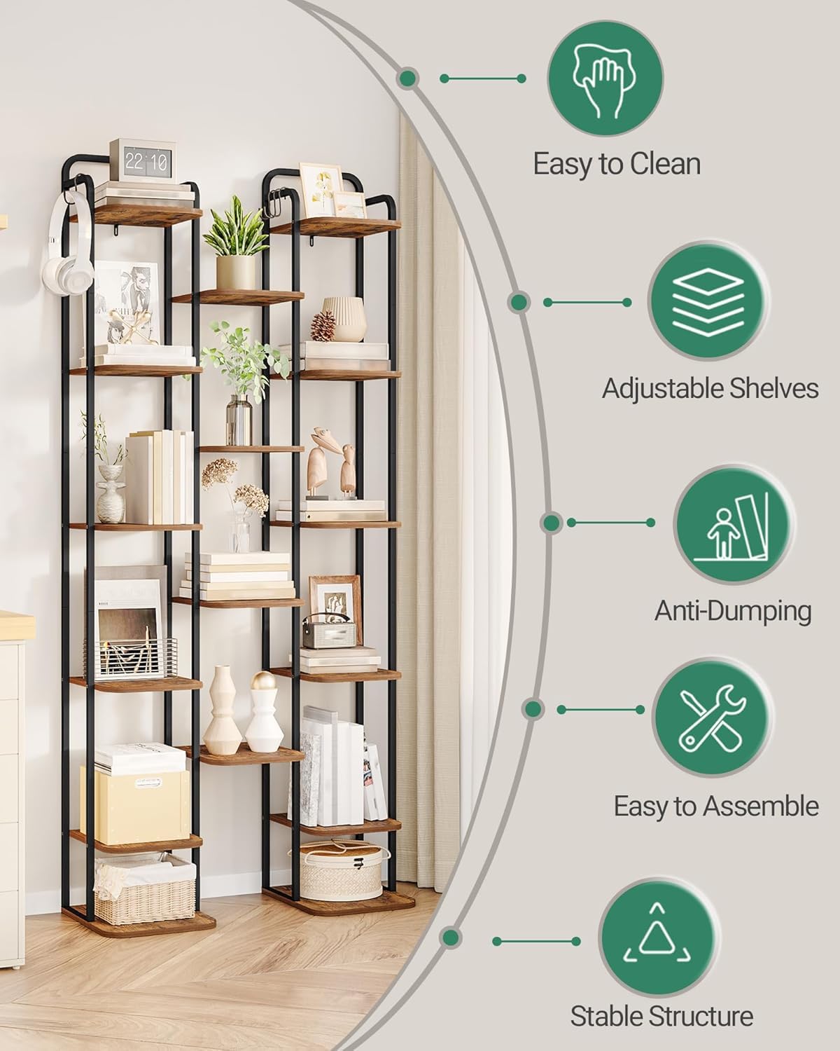 Hzuaneri 10 Tiers Vertical Shoe Rack, Narrow Shoe Tower, Tall Shoes Shelf with 2 Hooks, Adjustable Shelves, Corner Shoes Shelves for Small Spaces, Entryway, Living Room, Rustic Brown SR11201B