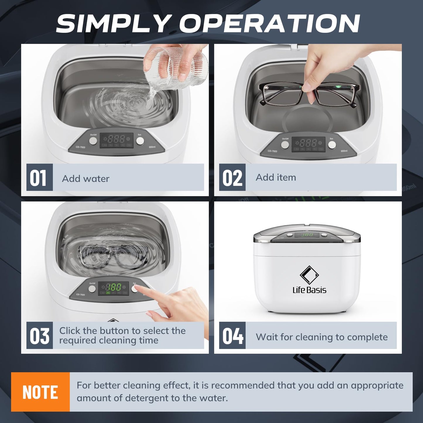 Ultrasonic Jewelry Cleaner Life Basis Ultrasonic Cleaner Machine 850ml (28 Ounces) LCD Screen with 5 Digital Timer Watch Stand CD Holder for Jewelry CD DVD Watches Glasses Makeup Brush