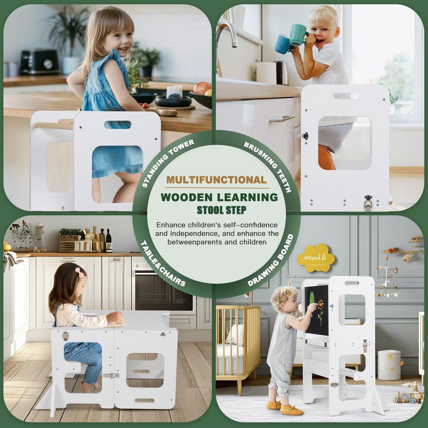 Toddler Standing Tower, Wooden Step Stool for Kids Learning Standing Tower 2-in-1 Kitchen Stool Helper with Chalkboard Montessori and Waldorf Helper for Livingroom Playroom (White Style)