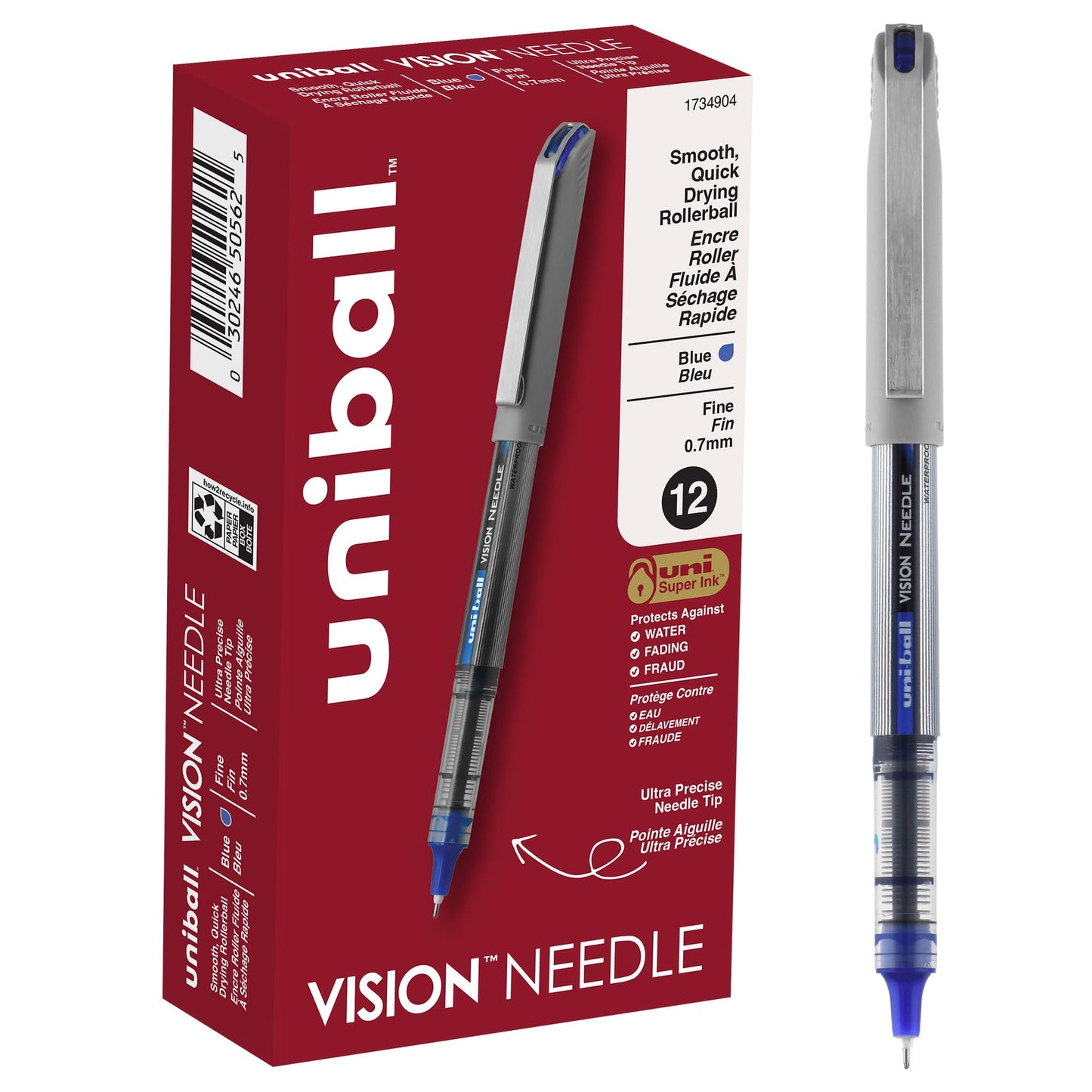 uni-ball VISION NEEDLE Rollerball, Stick Roller Ball Pen Fine-0.7mm, 12 Pack, Blue Ink (1734904)