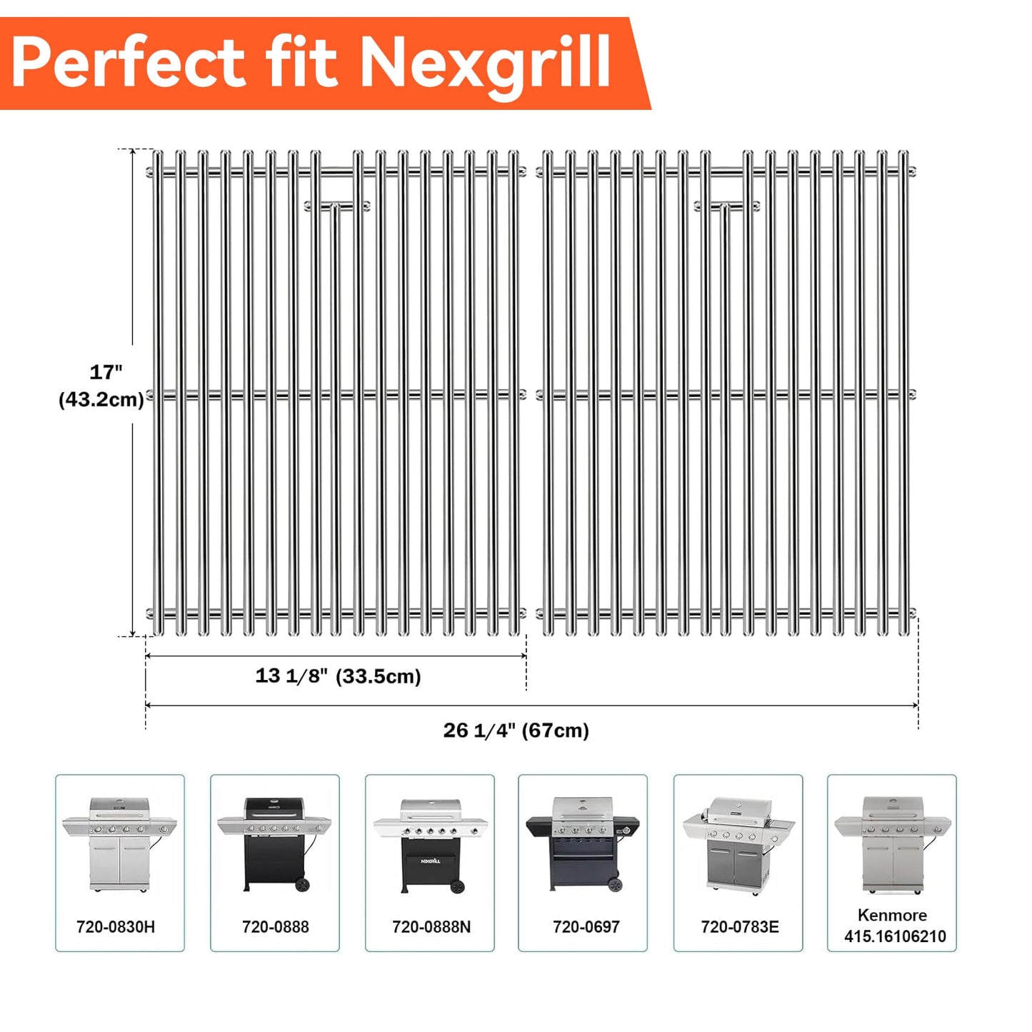 Cooking Grates for Nexgrill 720-0830H 720-0830D 720-0783E 720-0783C 720-0888 Grills 17 Inch Stainless Steel Cooking Grid Grate for Home Depot Nexgrill 4 and 5-Burner Gas Grill, 17" x 13 1/5" 2pcs