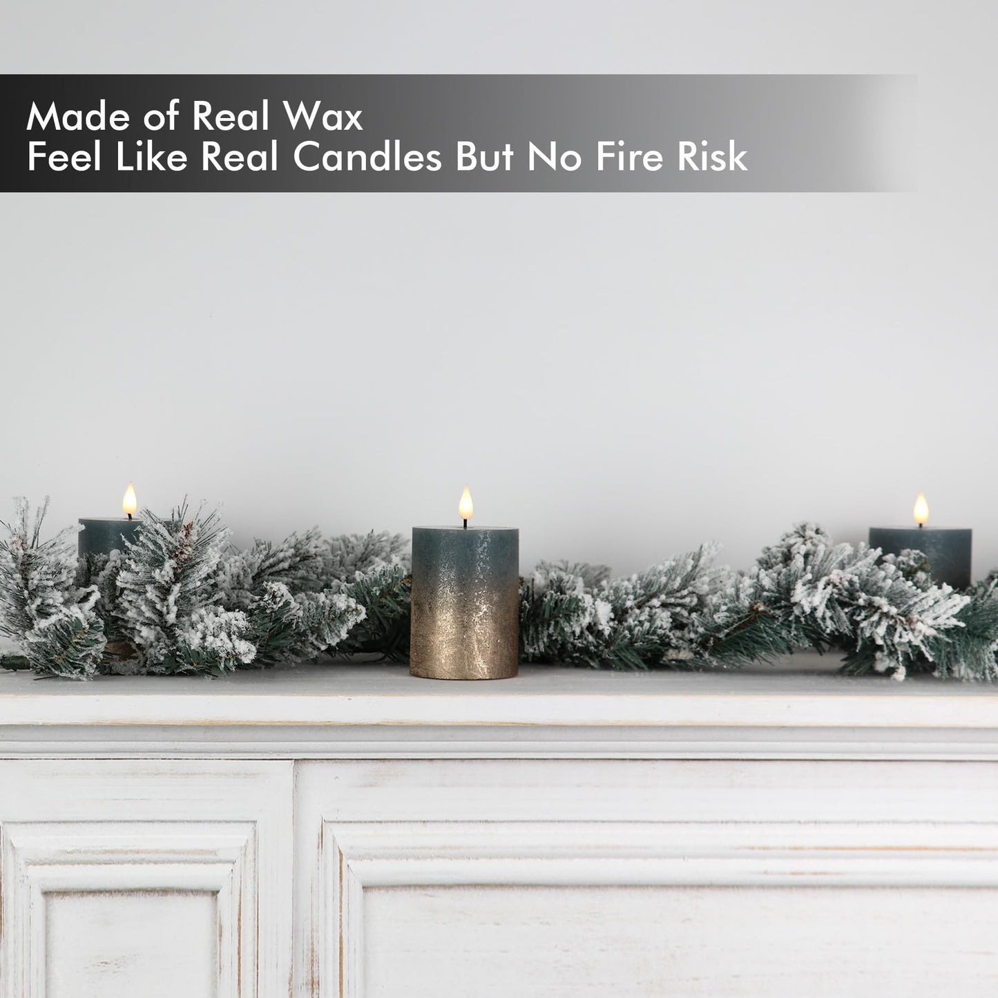 Fanna Flameless LED Pillar Candles with Timer for Wreath, Battery Operated Rustic Wax Candles with Remote for Christmas, 8 Batteries Included - Set of 4 (D 7.5cm x H 10cm) - Misty Blue/Copper