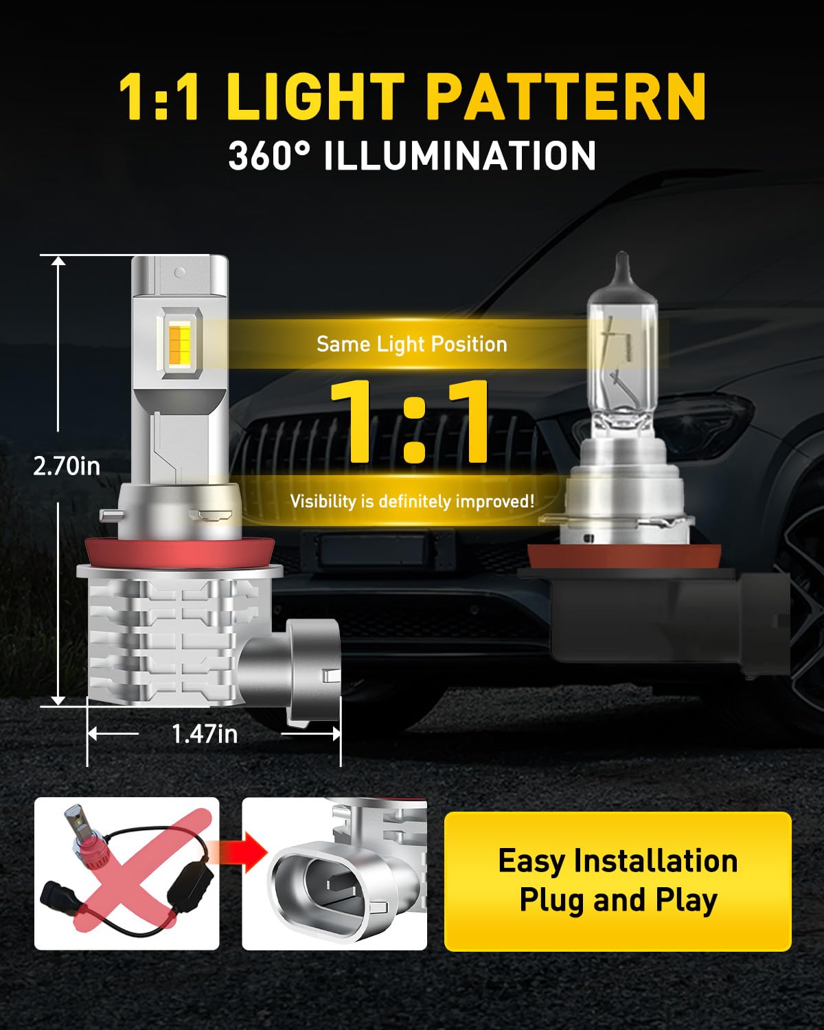 AUXITO H11 H8 H16 Switchback LED Fog Light Bulbs, 6500K White/3000K Amber Yellow, 8000LM 500% Brightness, Dual Color White Yellow Driving Fog Lights, Non-polarity, Pack of 2