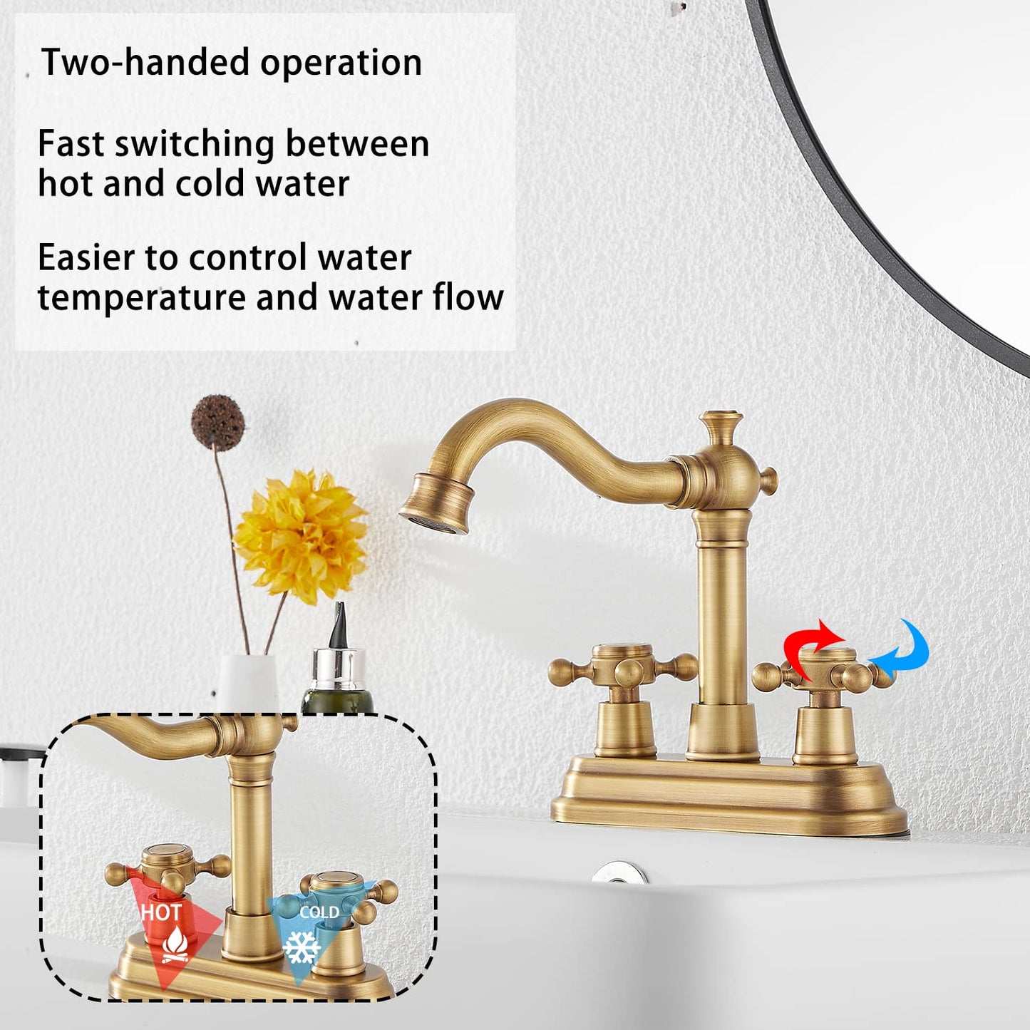 Bathroom Faucet Antique Brass GGStudy 2 Handles 4 Inches Centerset Faucet Bathroom Vanity Faucet with Drain Assembly and Supply Hose Lavatory Faucet Mixer Double Handle Tap Deck Mounted