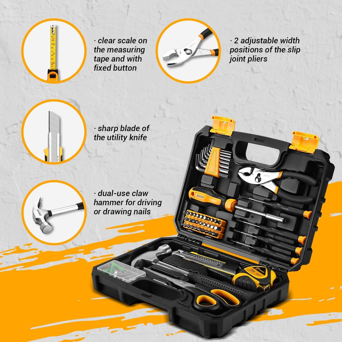 DEKOPRO 50 Piece Tool Set General Household Hand Tool Kit with Plastic Toolbox Storage Case All Purpose Home Tool Kit Includes Essential Tools for Office College Repairs