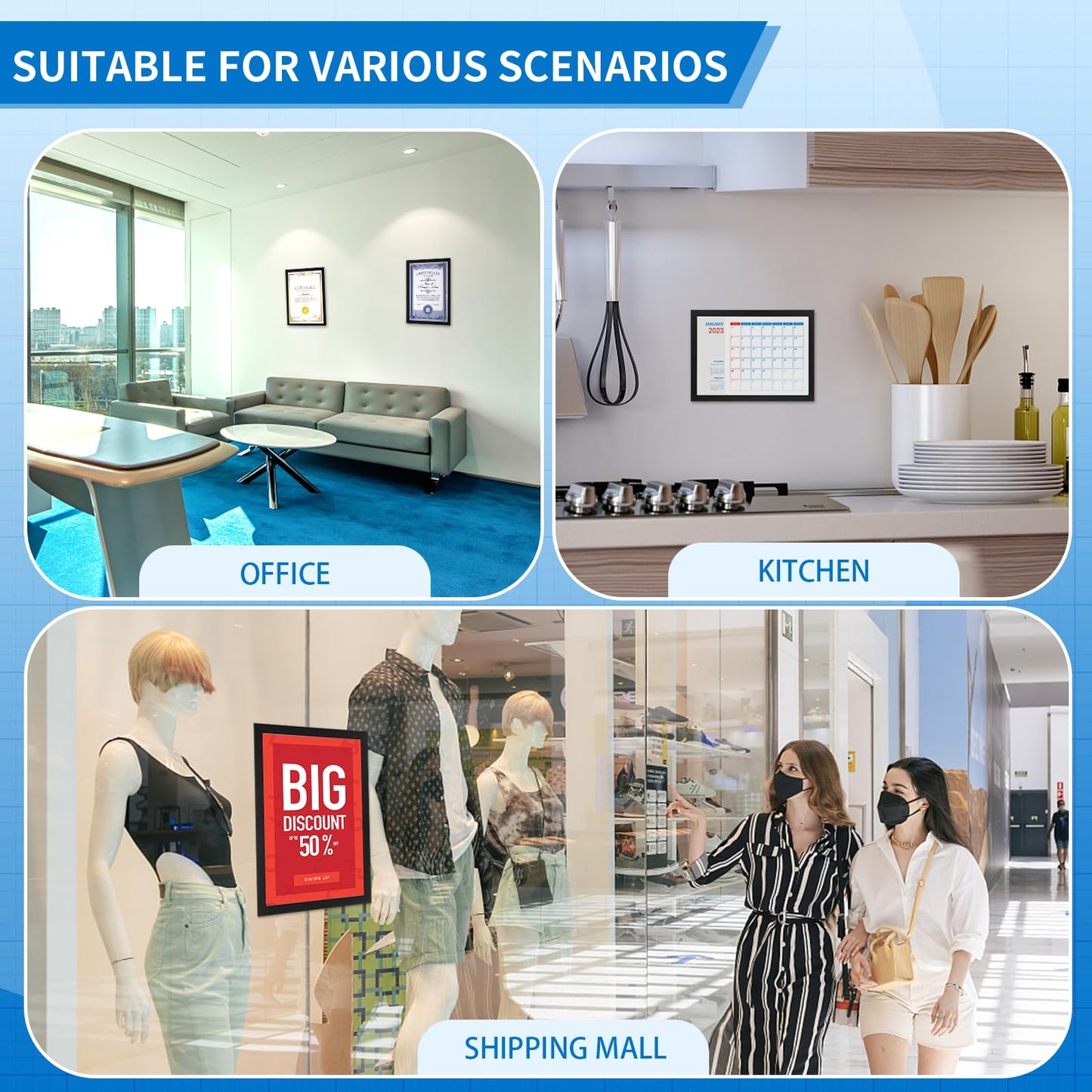 20 Pieces Magnetic Sign Holder 8 x 11.5inches, Self-Adhesive Door Window Document Reusable Adhesive Frames, Wall Glass Peel and Stick Picture Frames (Black)