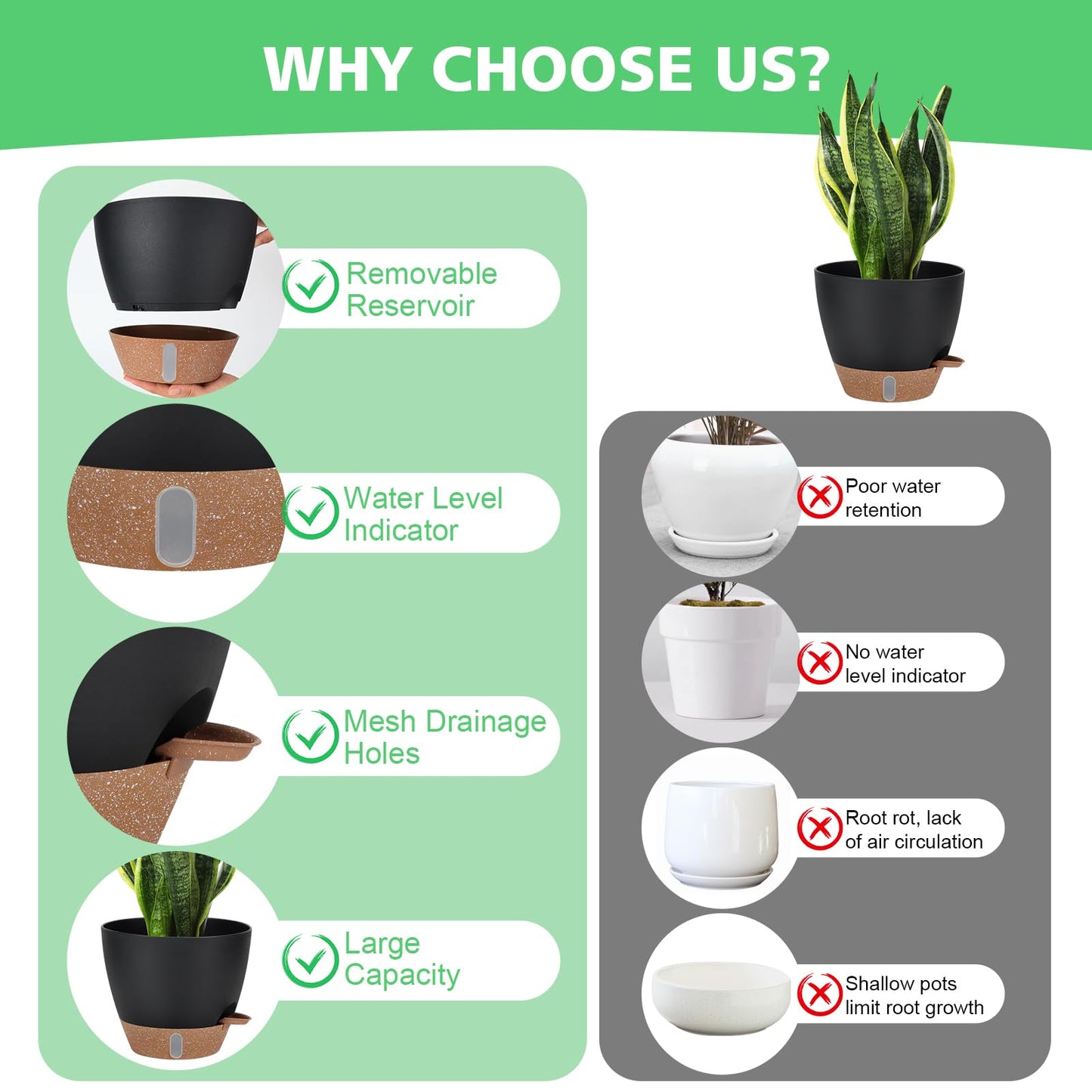12" 10" 9" 8" Self Watering Pots with Water Level Indicator, Large Plastic Planters Set with Mesh Drainage Hole and Removable Saucer Reservoir, Big Flower Pot for Indoor Outdoor Plants - Black