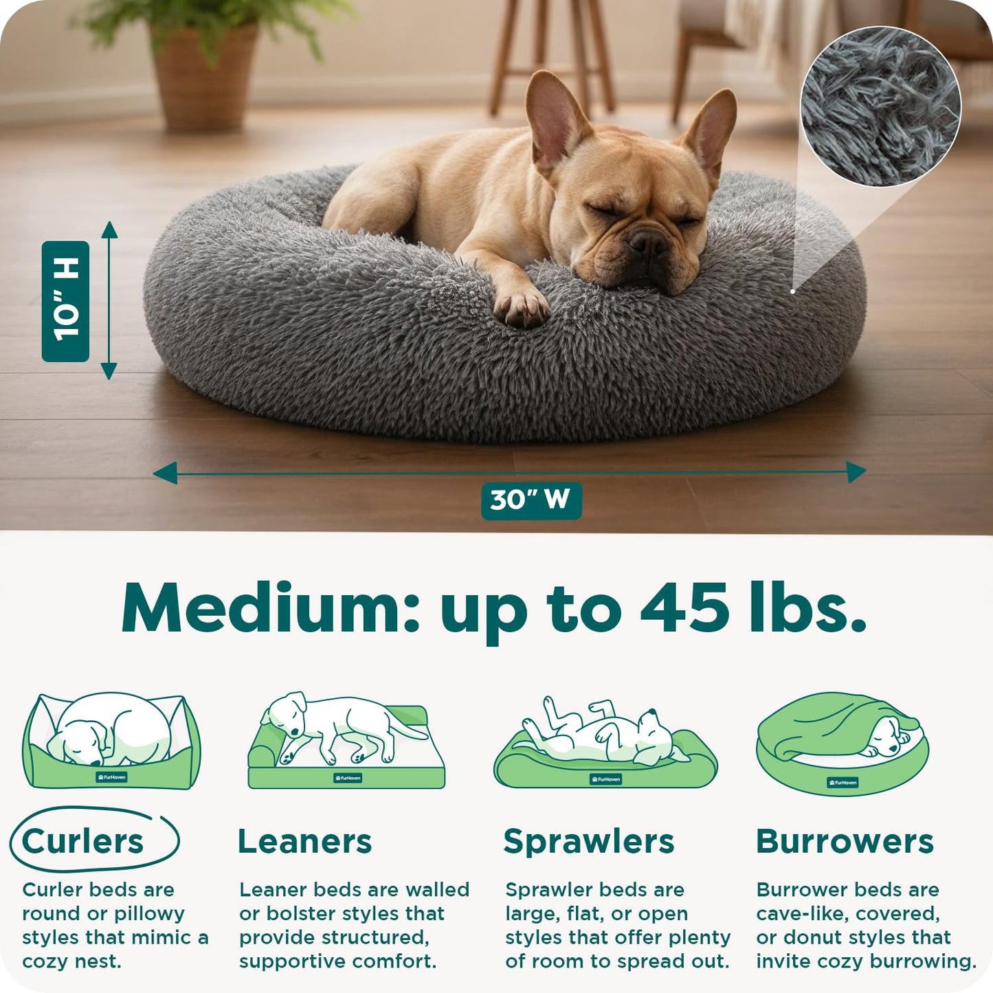 Furhaven 30" Round Medium Donut Dog Bed Plush Long Faux Fur Calming Cuddler w/Removable Washable Cover - Gray, Medium
