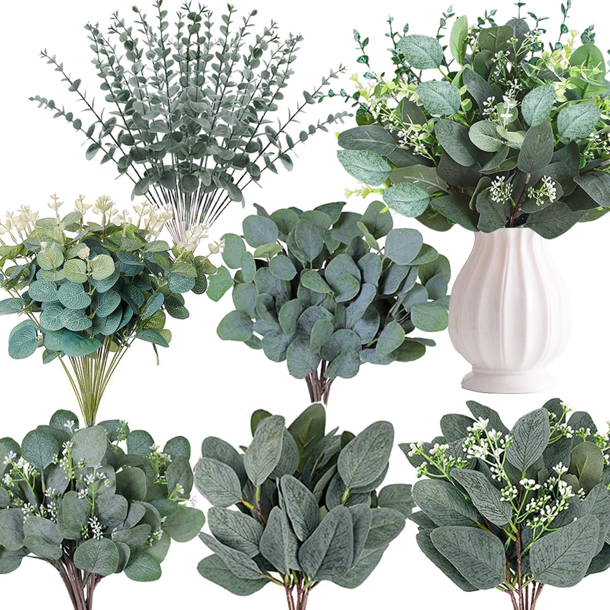 WONICE Mixed Eucalyptus Leaves Stems Bulk Artificial Silver Dollar Leaves Picks Dried Eucalyptus Bundle Faux Spray for Wedding Vase Bouquet Decor (120, Green)