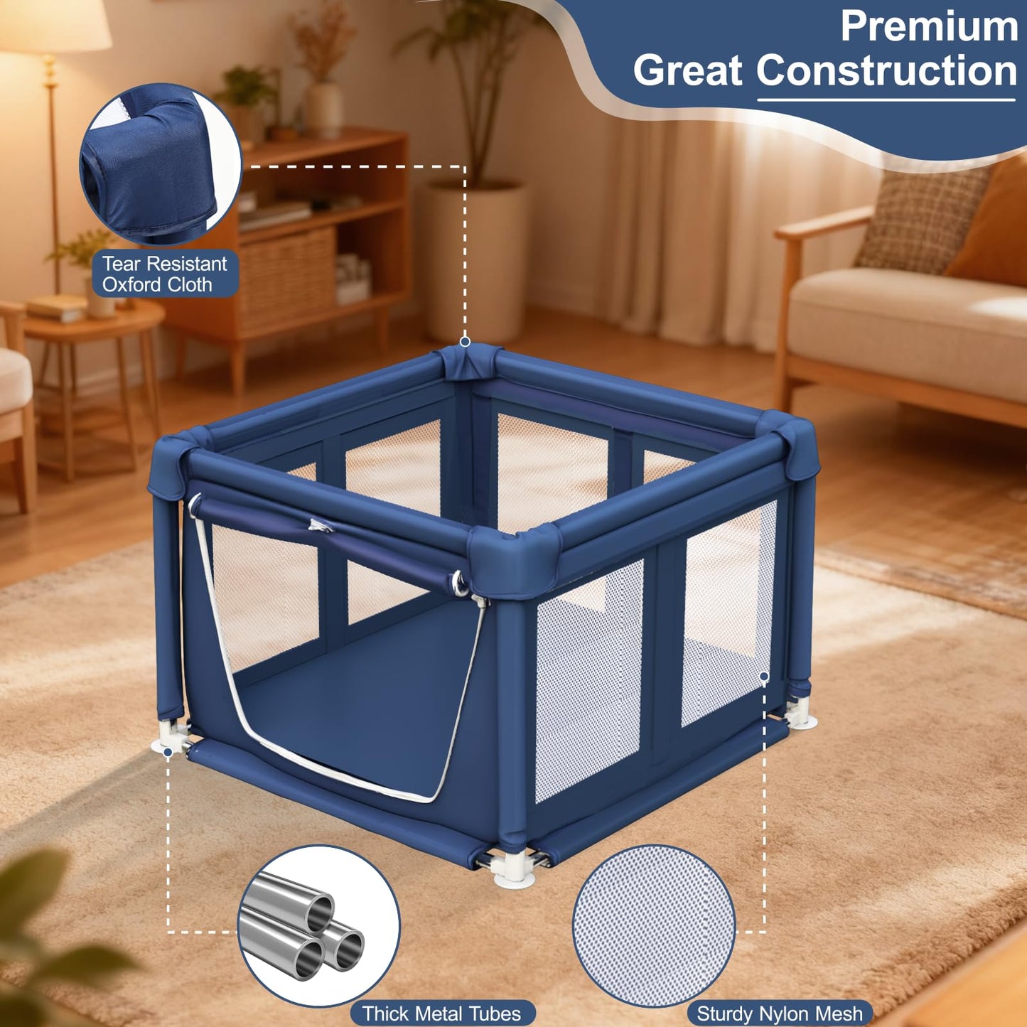 Puppy Playpen with Gate, Dog Playpen for Puppies or Small Dogs, Safety Pet Playpen with Thickened Fabric, High-Strength Nylon Wire Mesh, Stainless Steel Pipes (Blue, 90x90x66cm, 5)