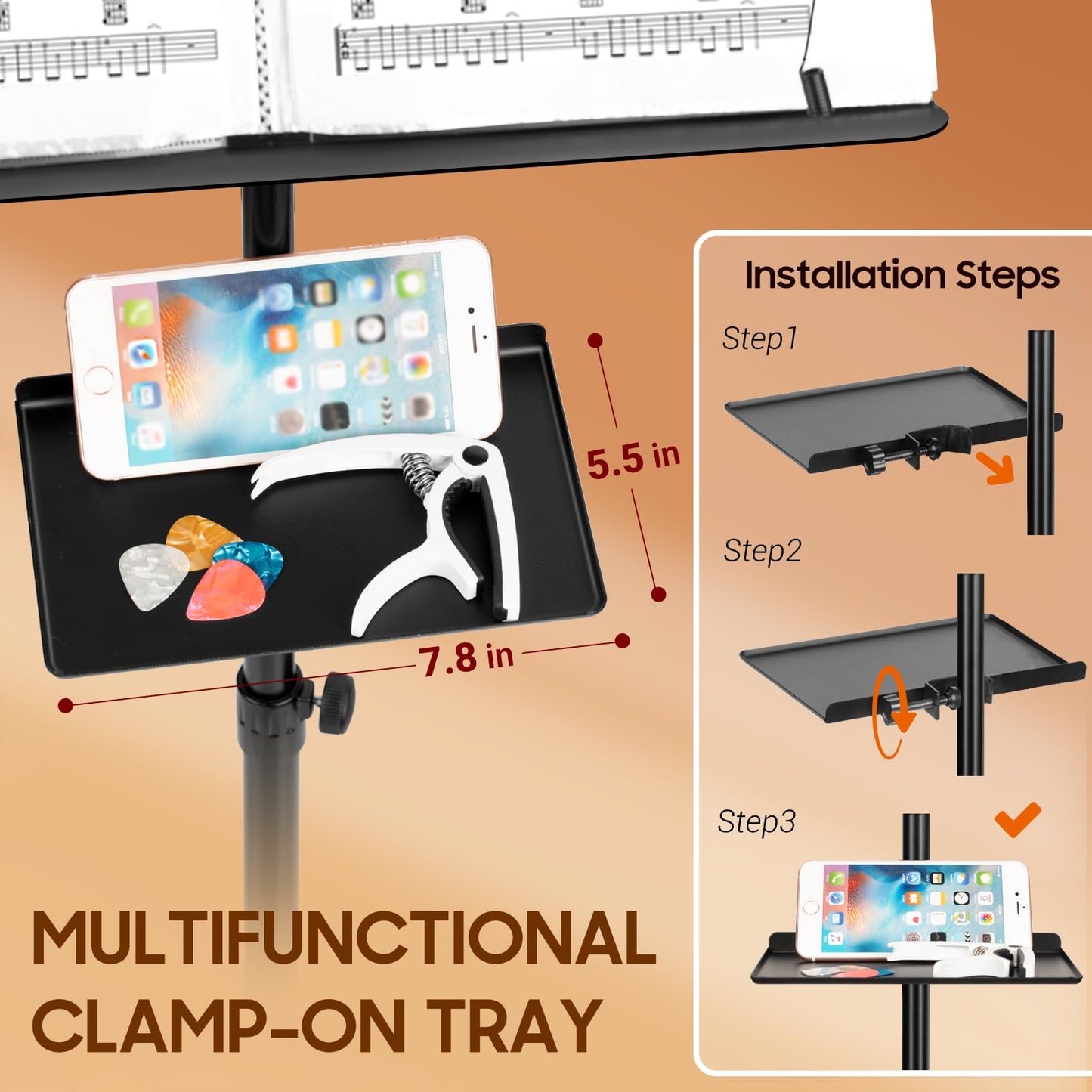 CAHAYA Dual Use Sheet Music Stand with Clamp-on Tray & Desktop Book Stand Including Music Stand with Shelf, Sheet Music Folder, Carrying Bag,and Clip for Guitar, Ukulele, Violin Players CY0194+CY0320